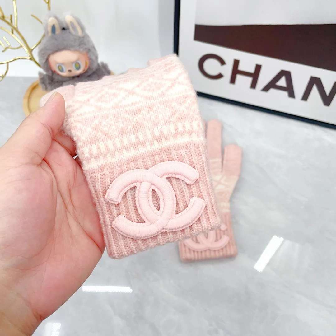 Chanel Wool Embroidered Hat Scarf and Gloves Set in Pink · view 8