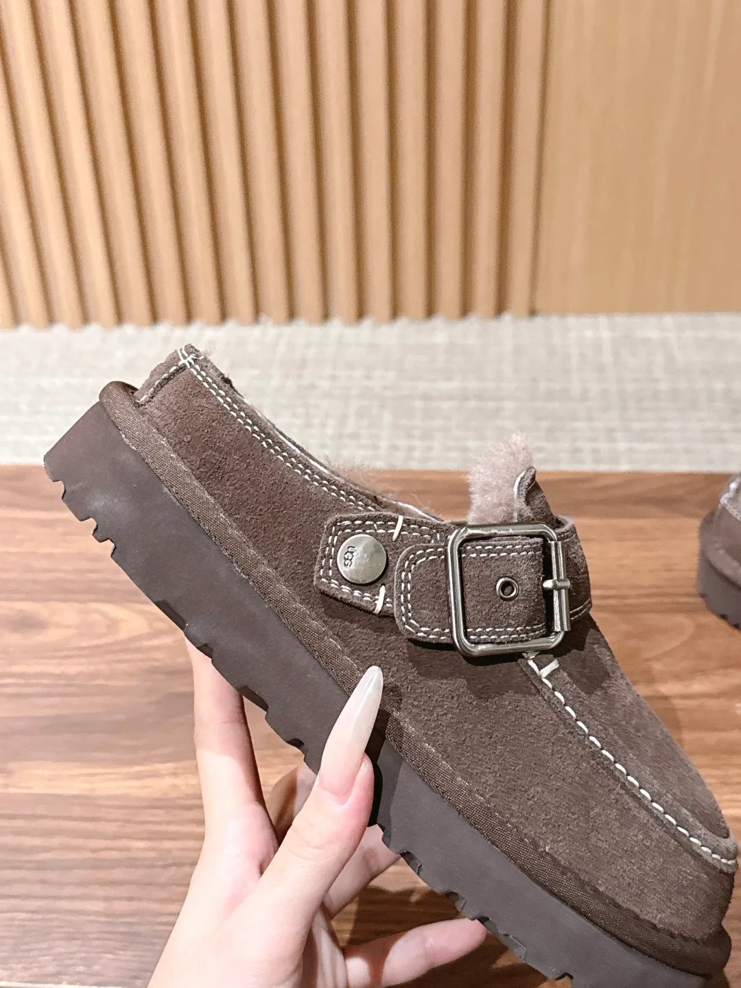 UGG Suede-Look Buckle Platform Loafer Mules in Brown · view 8