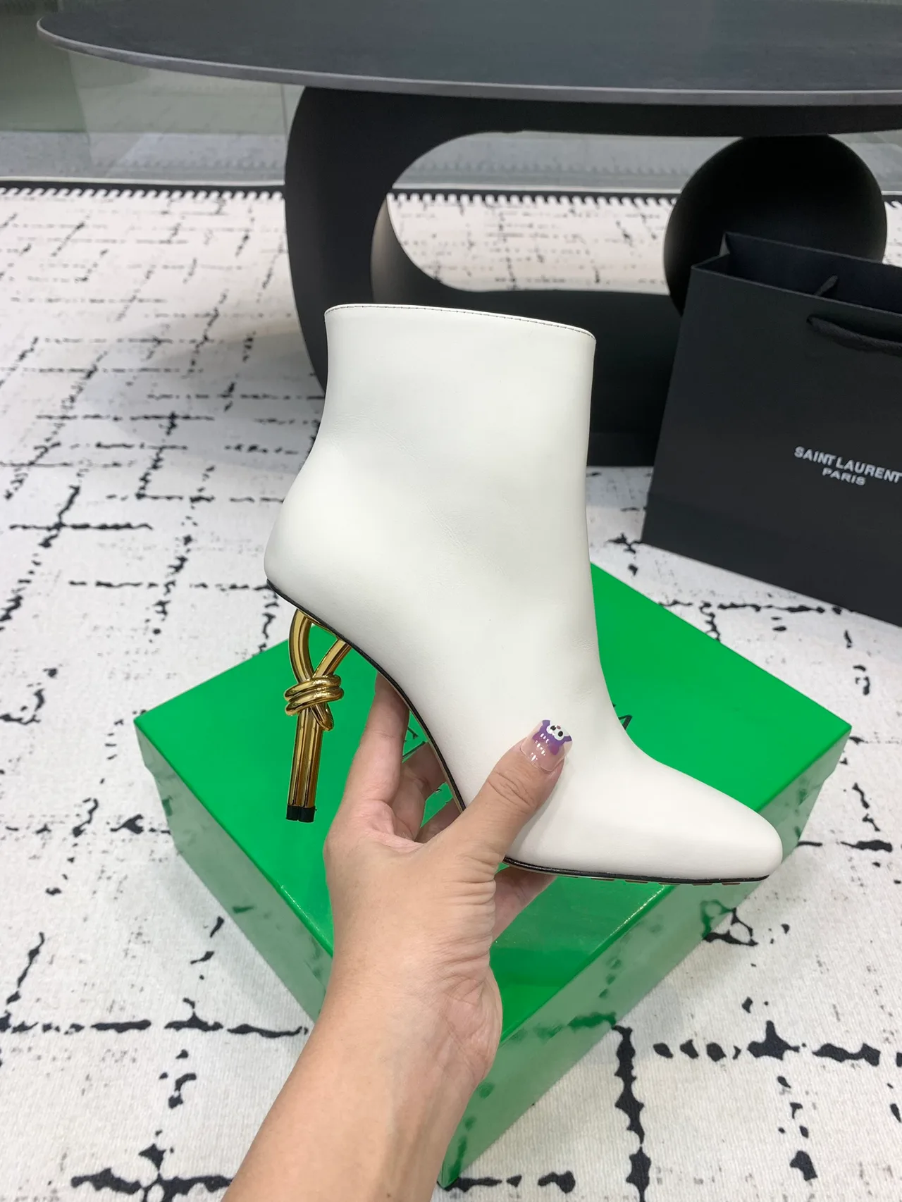 Bottega Veneta Calfskin Glossy Knot-Heel Ankle Boots in White · view 5