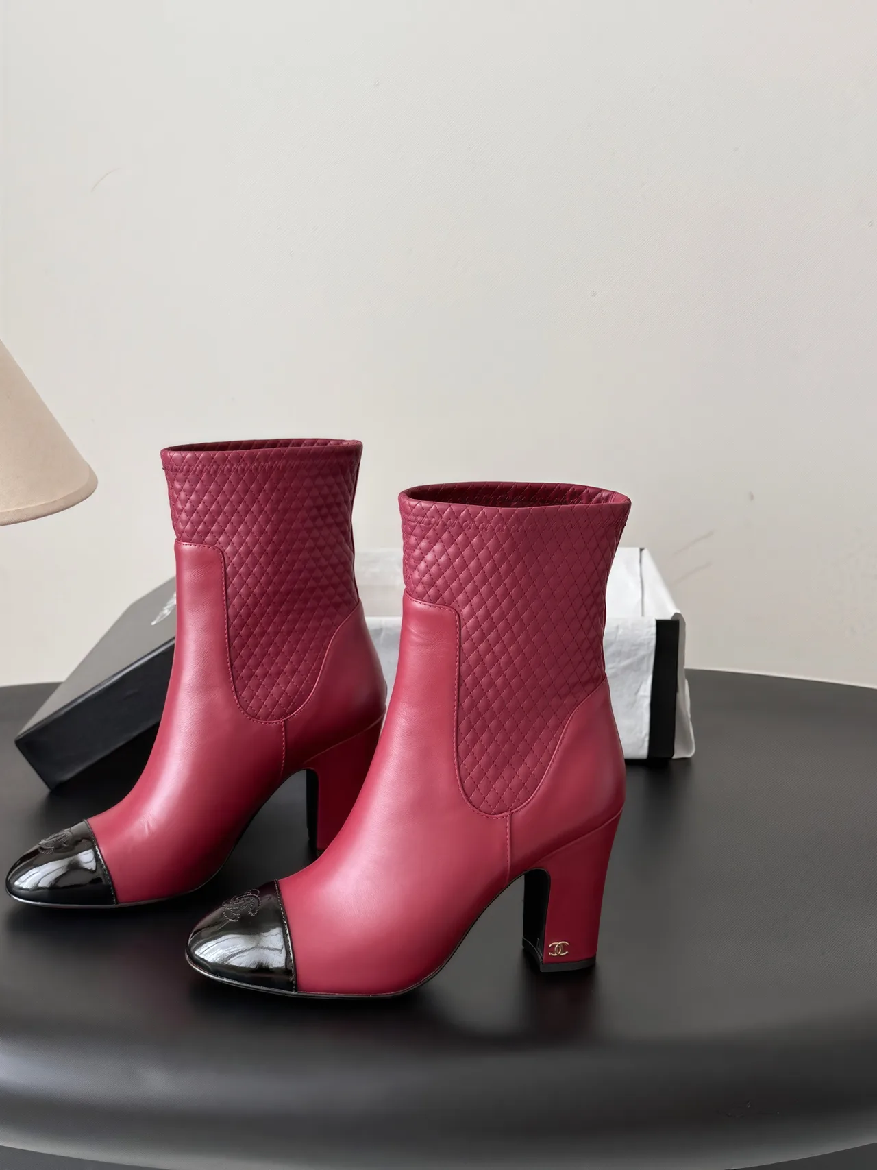 Chanel Cowhide Quilted Glossy Pointed-Toe Ankle Boots in Burgundy · view 2