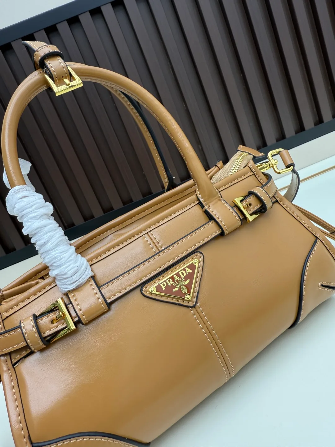 Prada Calfskin Top-Handle Bag in Tan · view 4