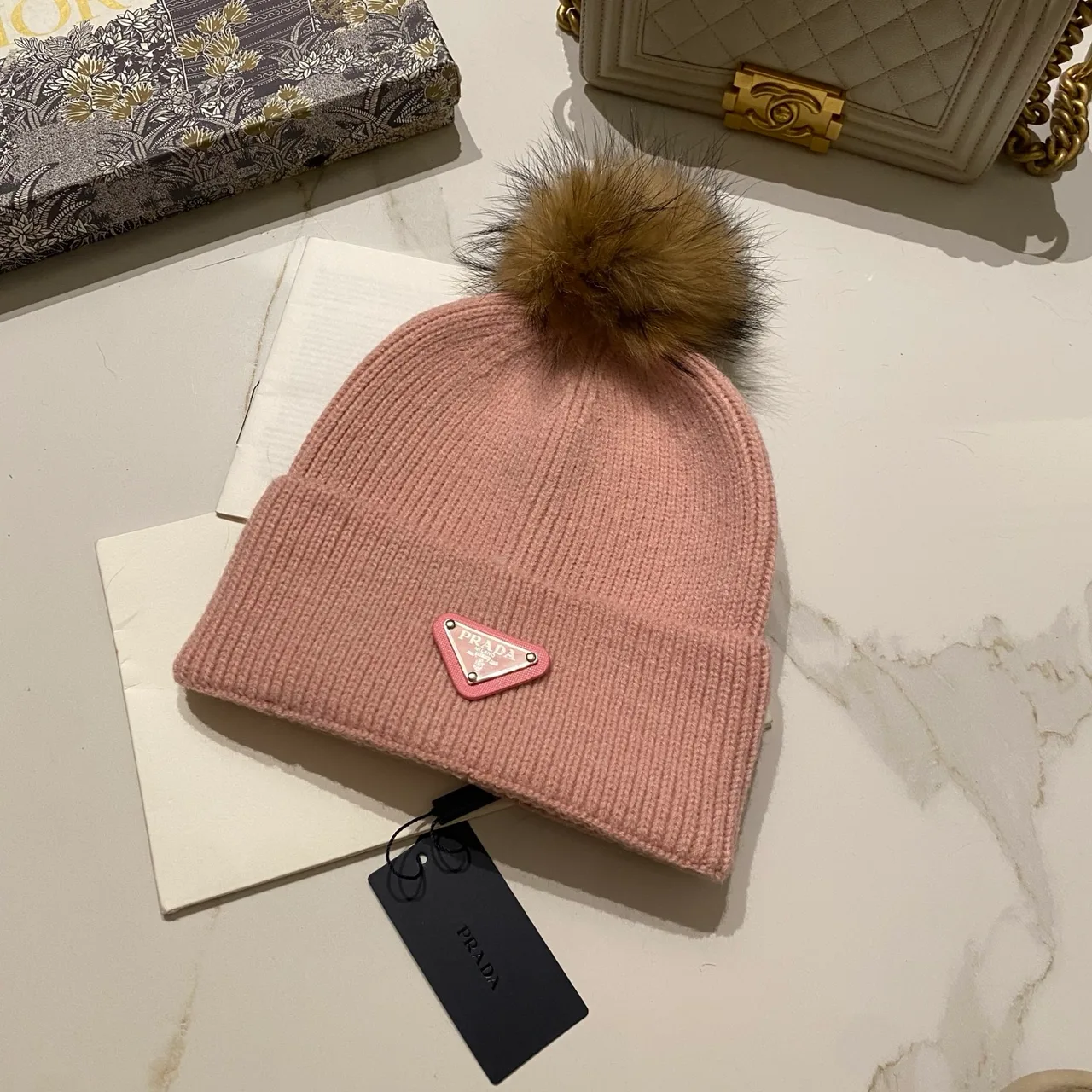 Prada Pom Knit Beanie in Red & Blue & Orange & Yellow & Pink & Brown & Grey & Black & White & Beige · view 7