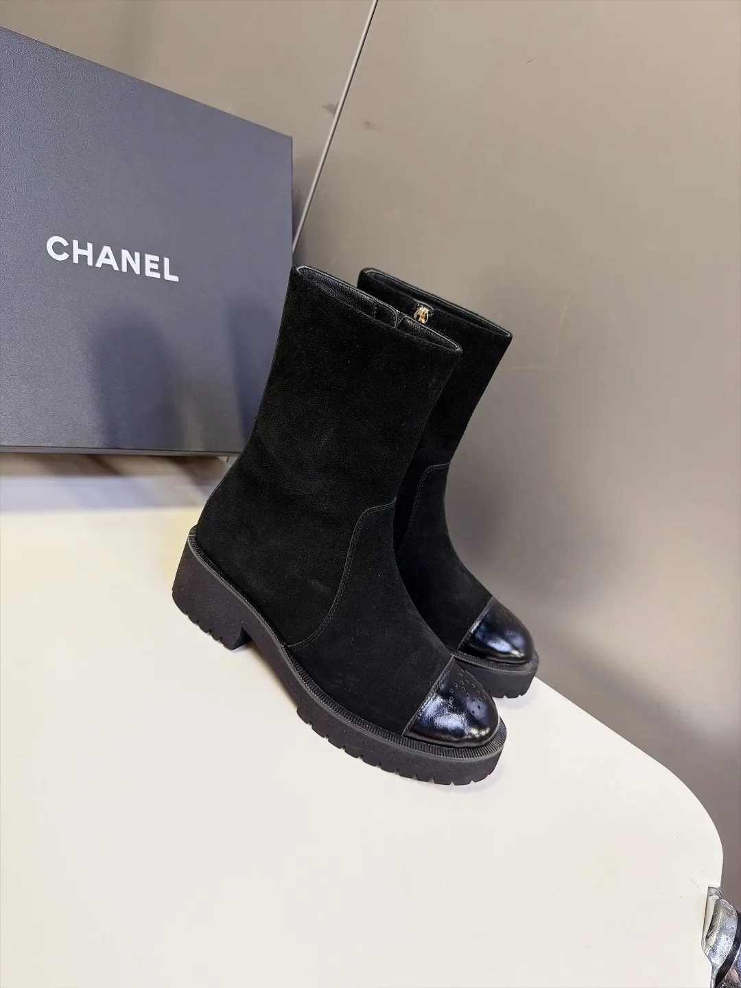 Chanel Cowhide Patent Leather Suede-Look Pointed-Toe Ankle Boots in Black · view 2