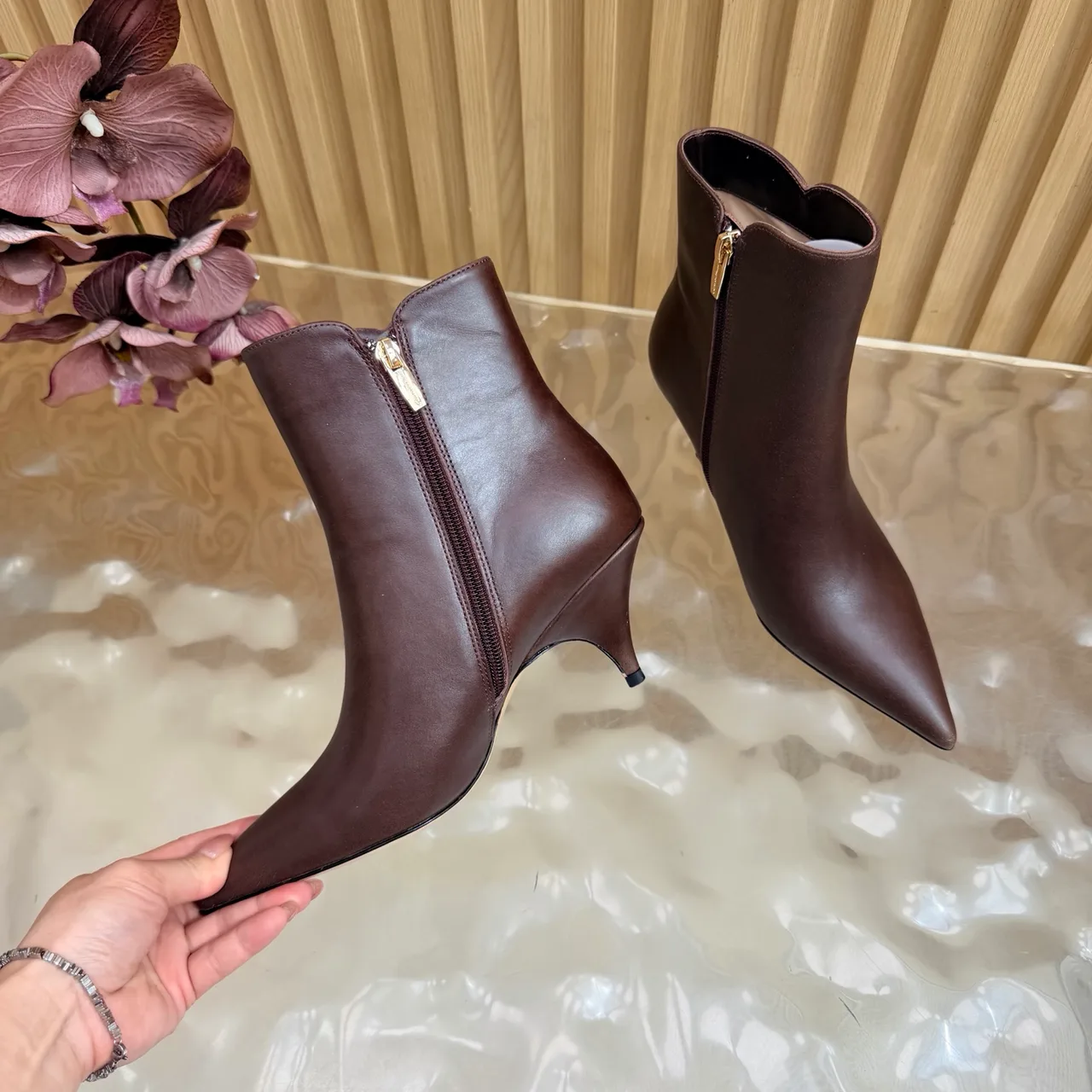 Gianvito Rossi Smooth Pointed-Toe Pointed Ankle Boots in Brown · view 6