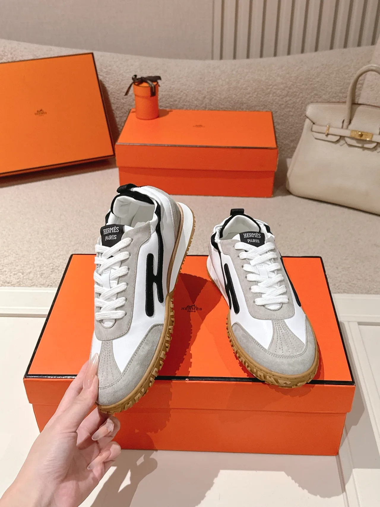 Hermes Sheepskin Suede Striped Round-Toe Sneakers in White · view 5