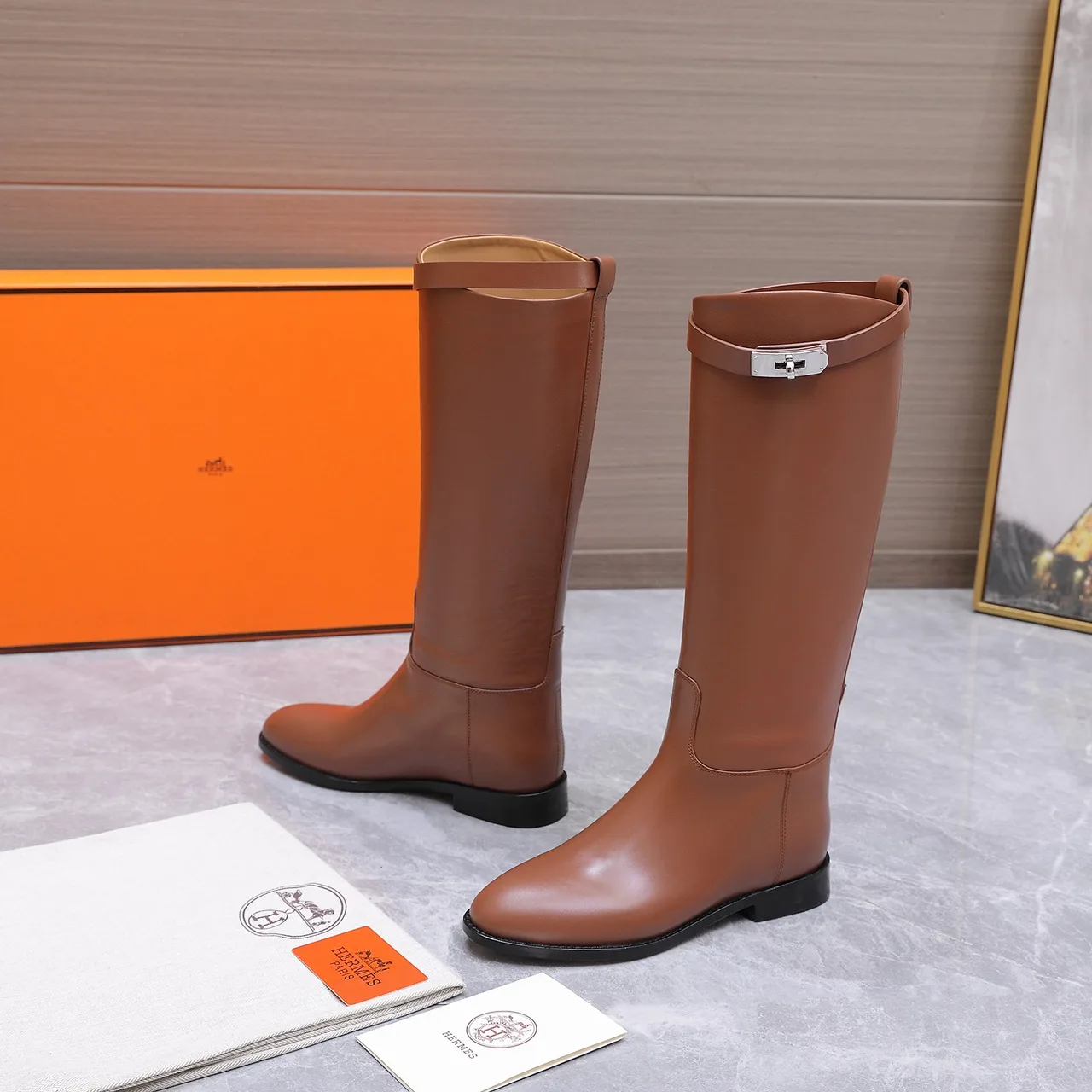 Hermes Cowhide Glossy Buckle Knee-High Boots in Brown · view 4