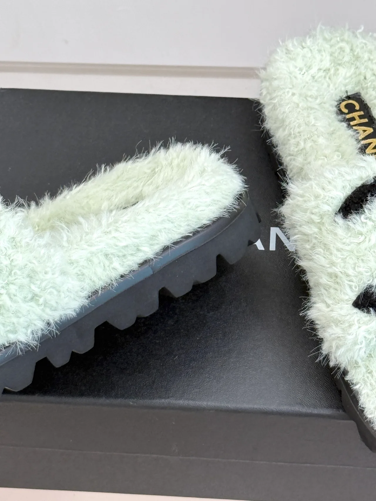 Chanel Denim Slippers in Green · view 6