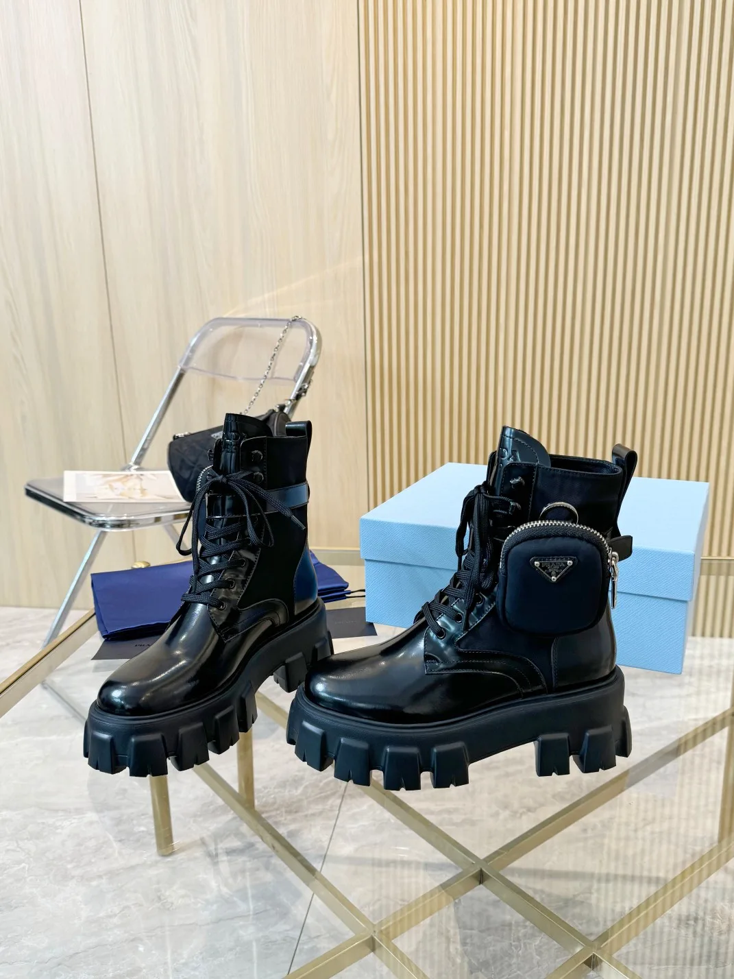 Prada Cowhide Glossy Lace-Up Ankle Boots in Black · view 3