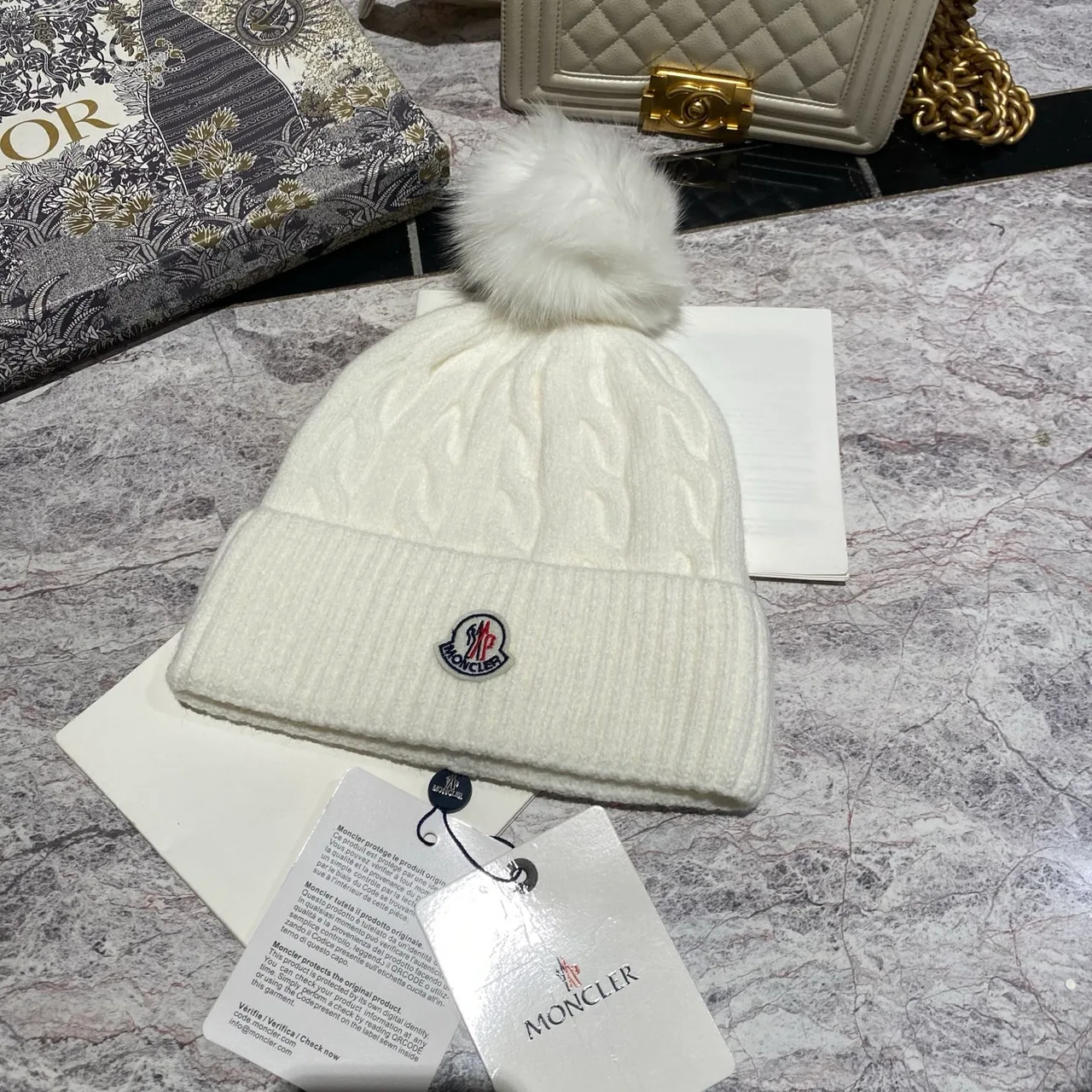 Moncler Pom-Pom Beanie in Black & White & Grey & Tan & Blue & Burgundy & Cream & Pink · view 2