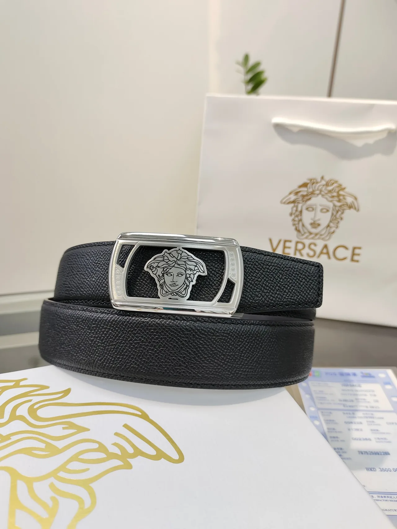 Versace Calfskin Glossy Belt in Black · view 1
