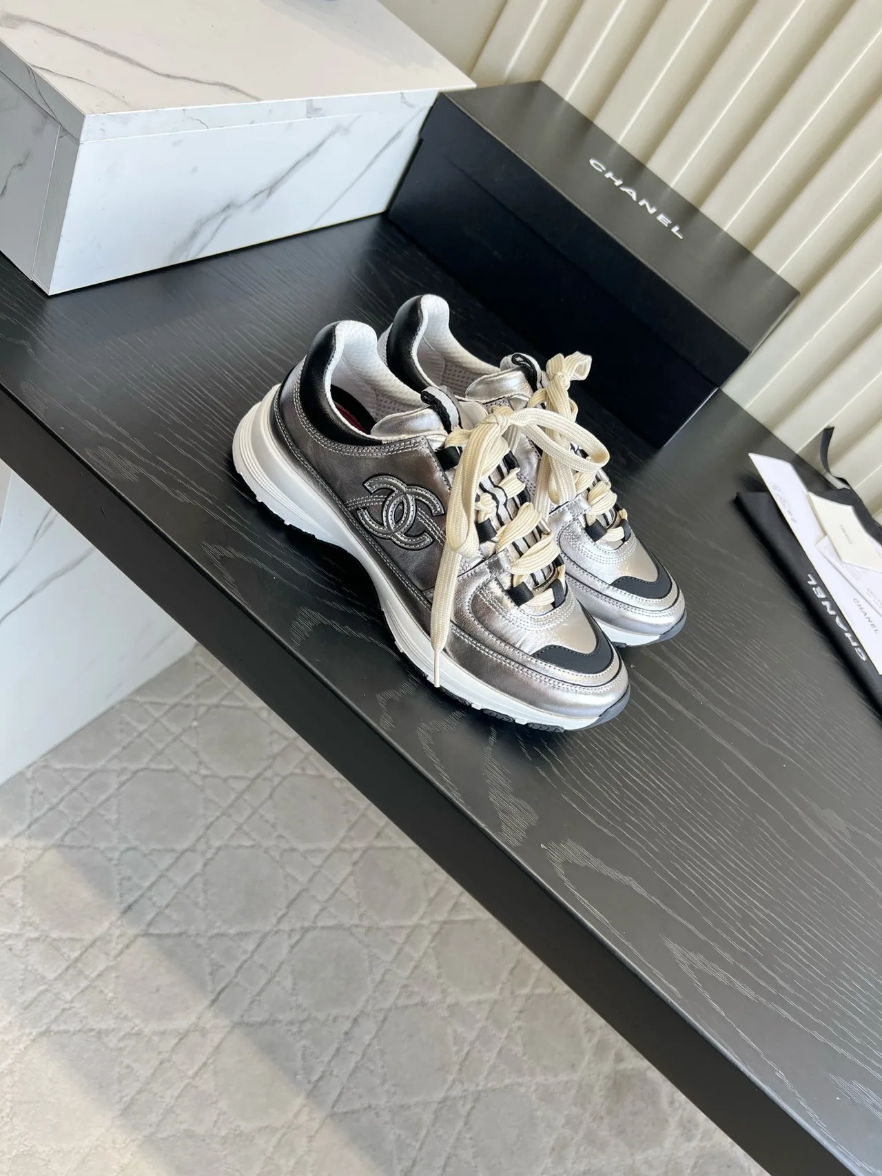 Chanel Striped Sneakers in Silver · view 3