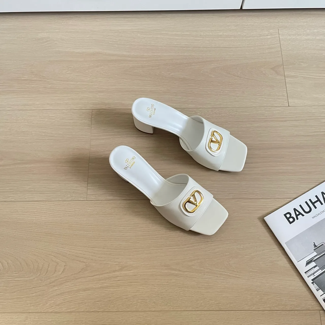 Valentino Sheepskin Smooth Square-Toe Mules in White · view 4