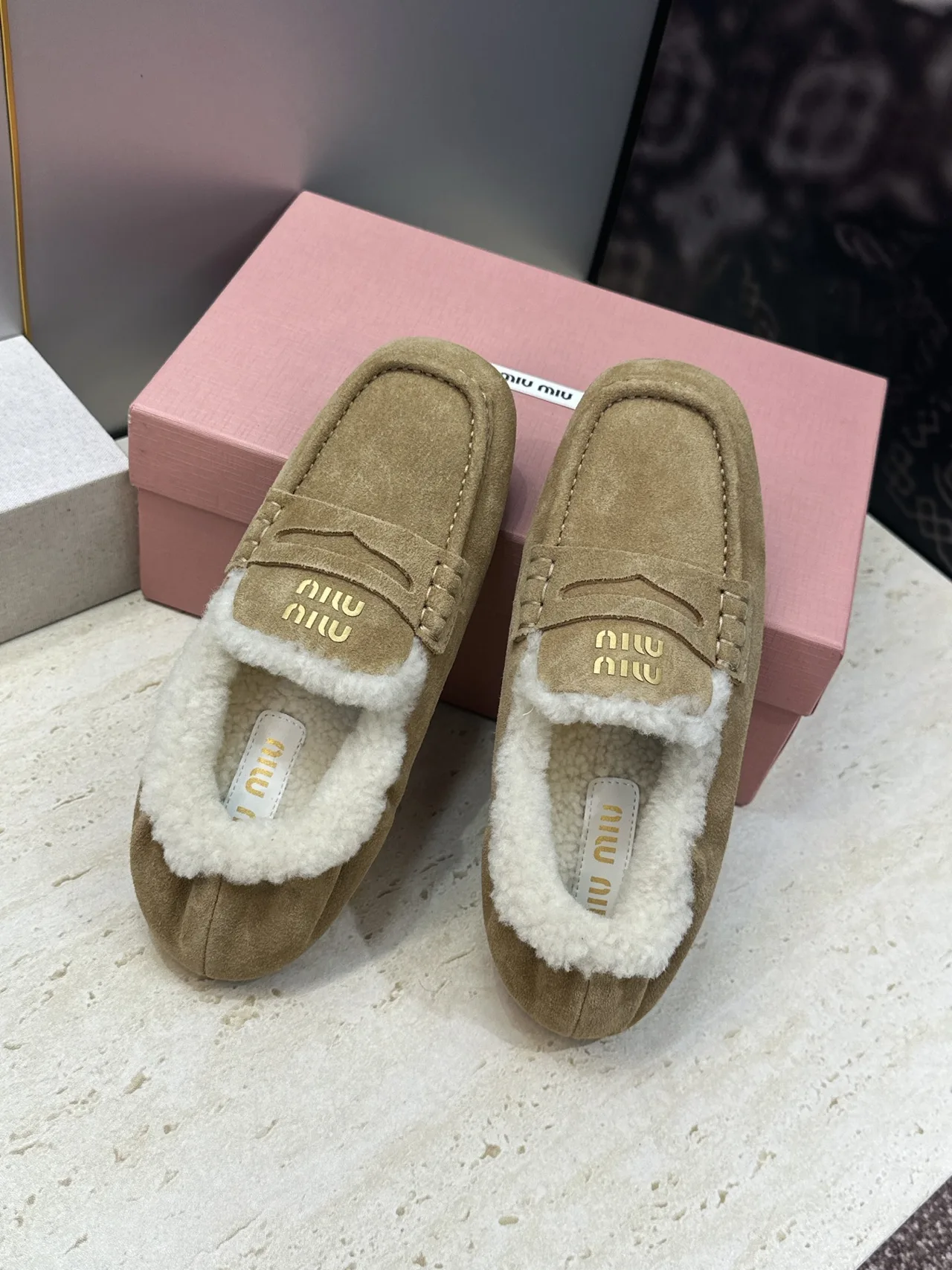 Miu Miu Round-Toe Slippers in Beige · view 4