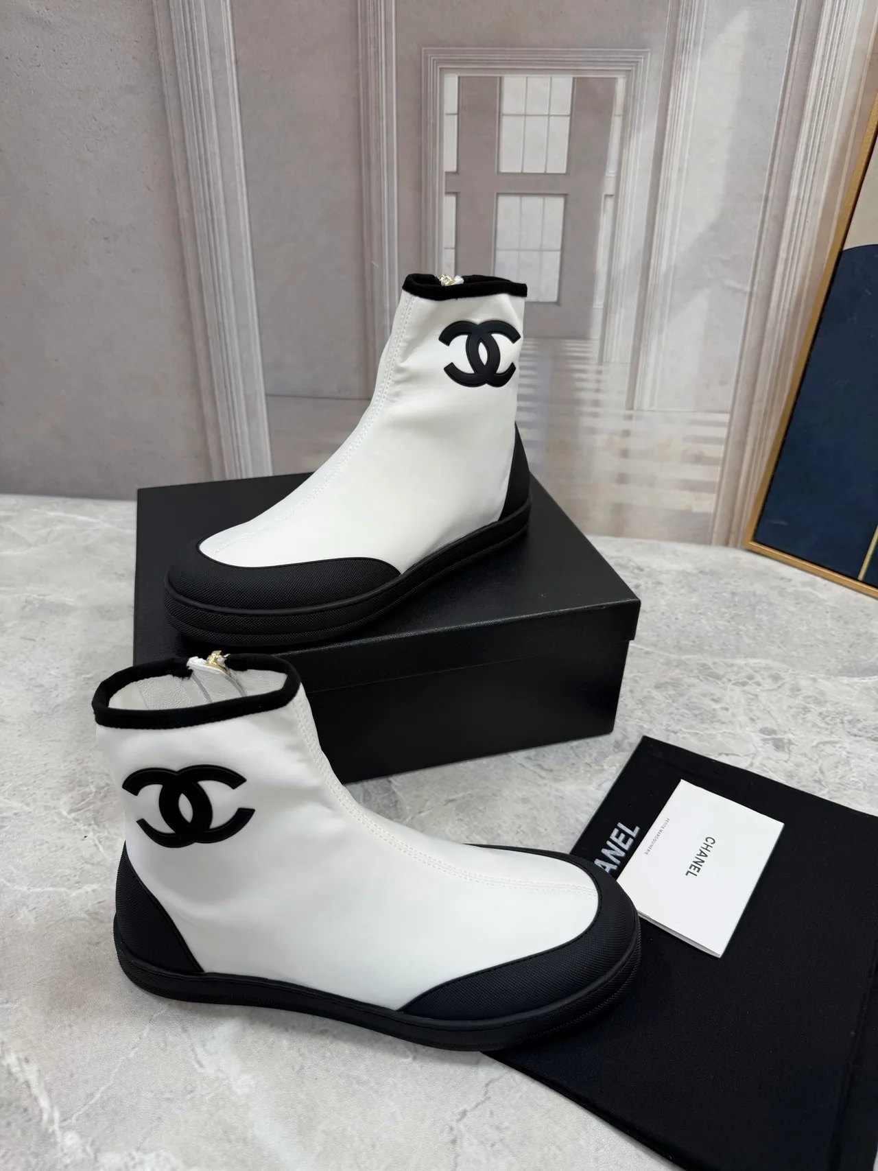 Chanel Cowhide Quilted Glossy Ankle Boots in White · view 3
