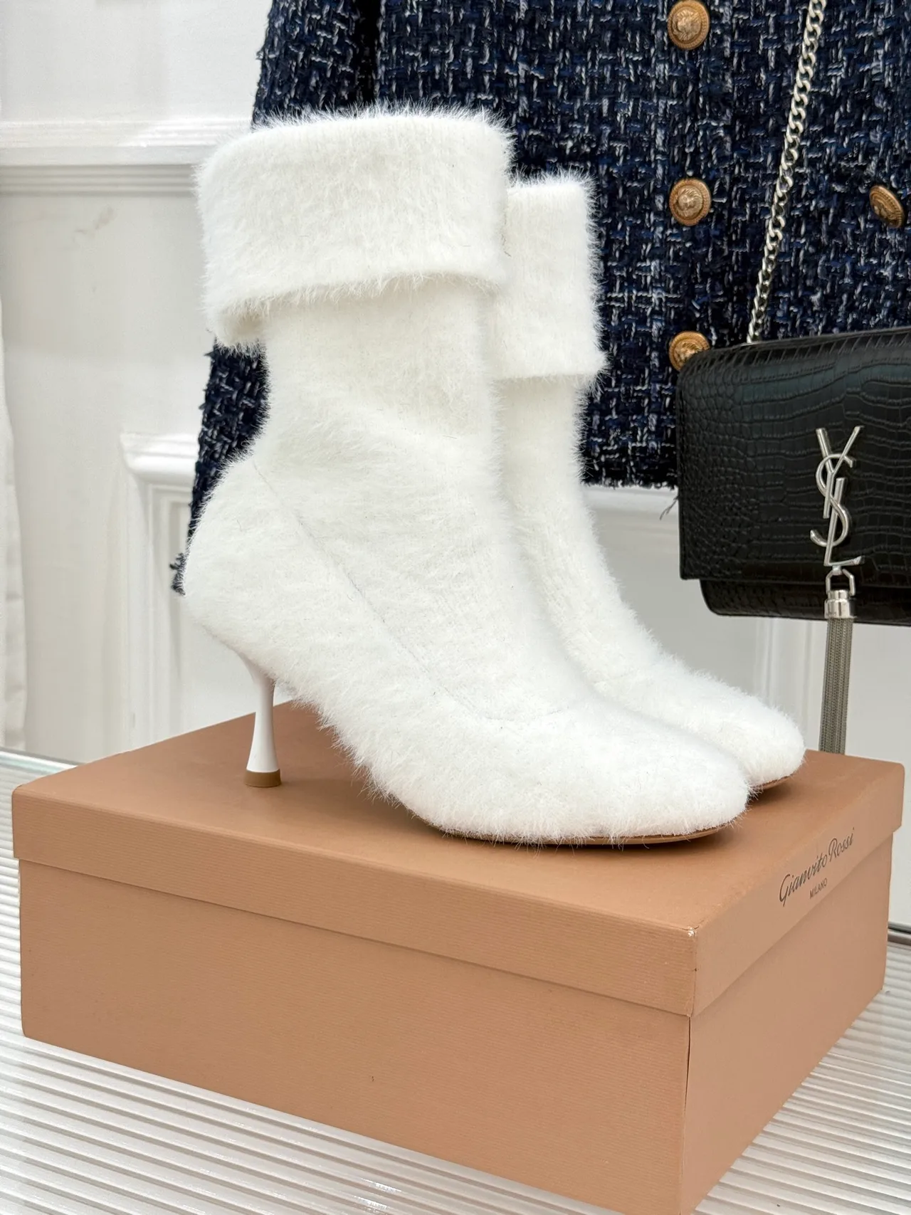 Gianvito Rossi Wool Ribbed Fuzzy Ankle Boots in White · view 1