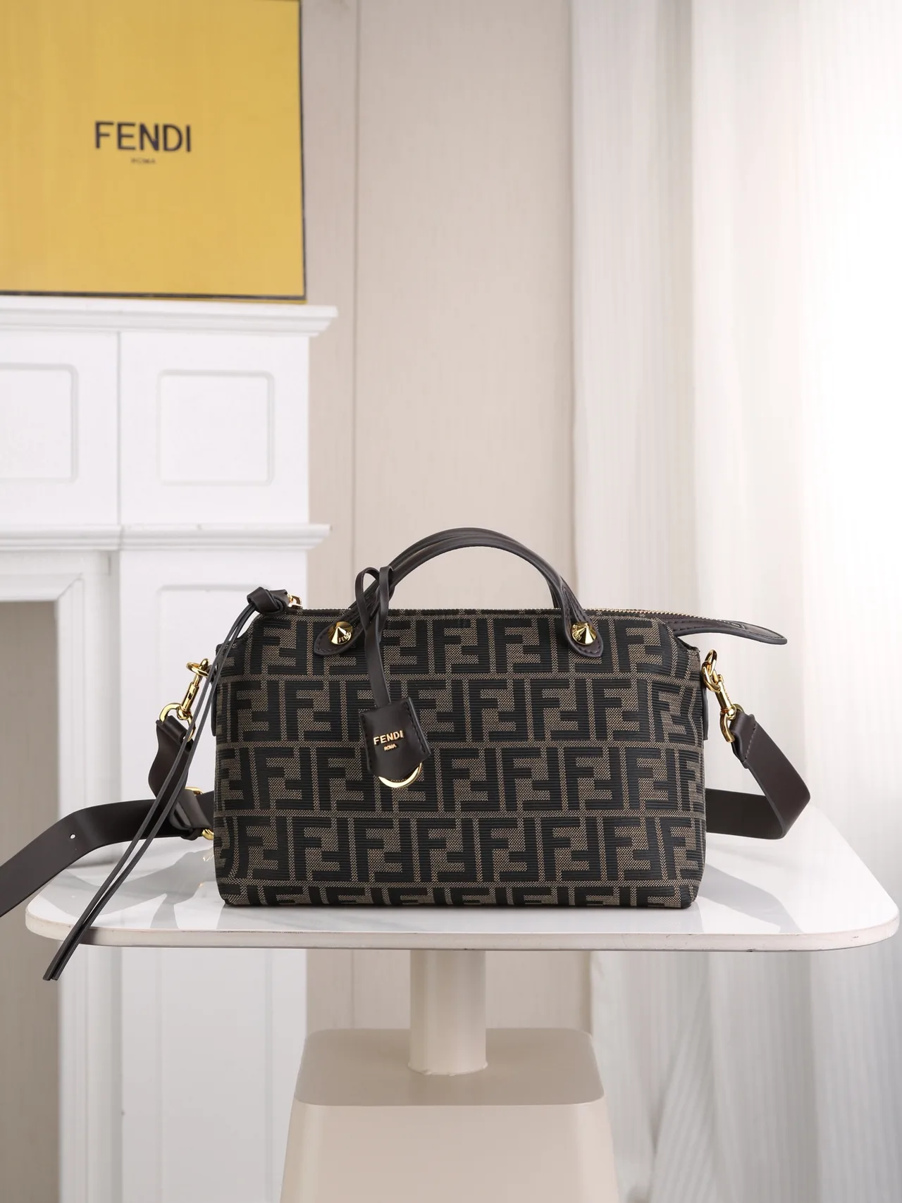 Fendi Calfskin FF-Monogram Top-Handle Zip Satchel in Brown · view 1