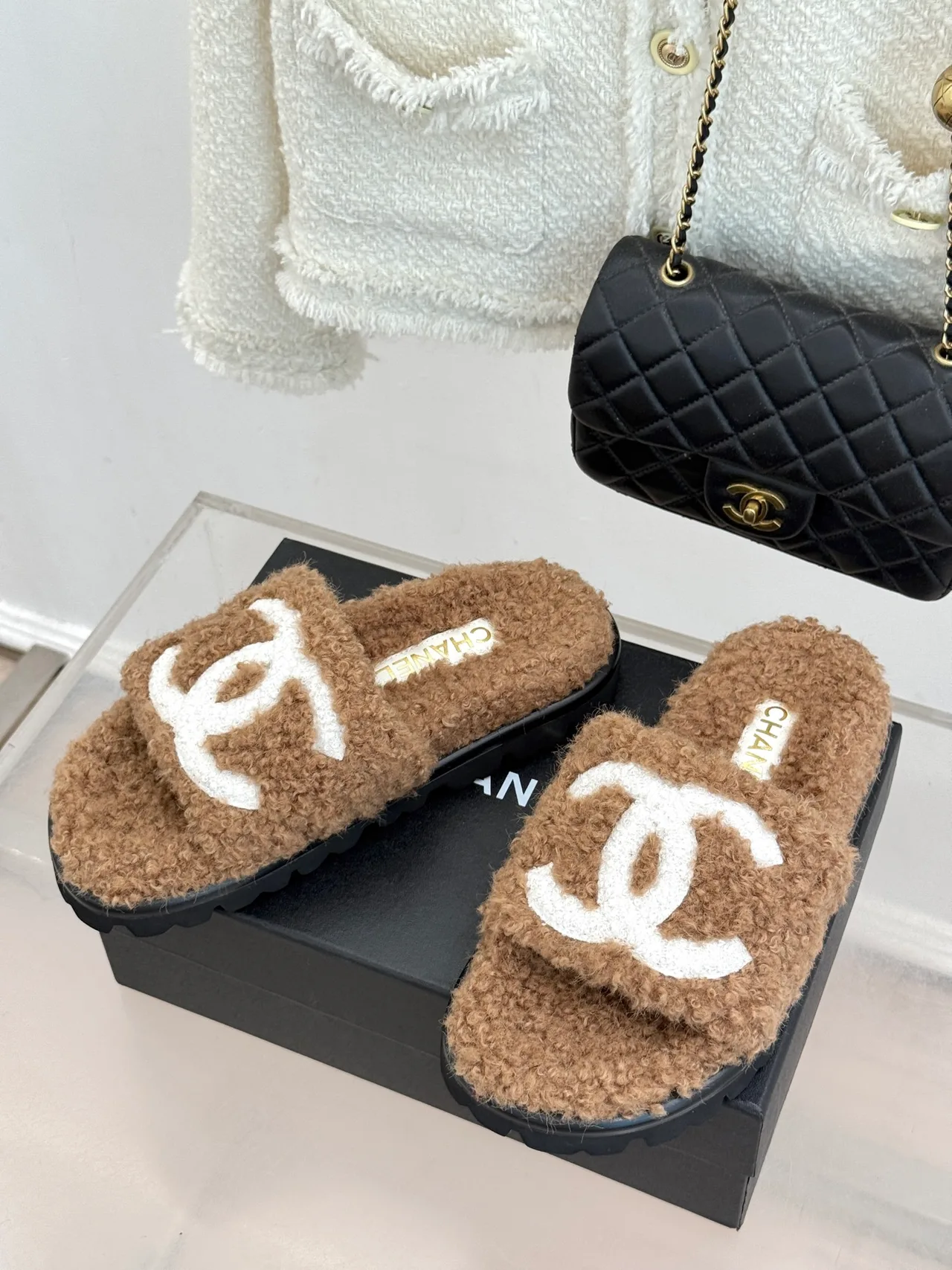 Chanel Denim Slippers in Tan · view 2