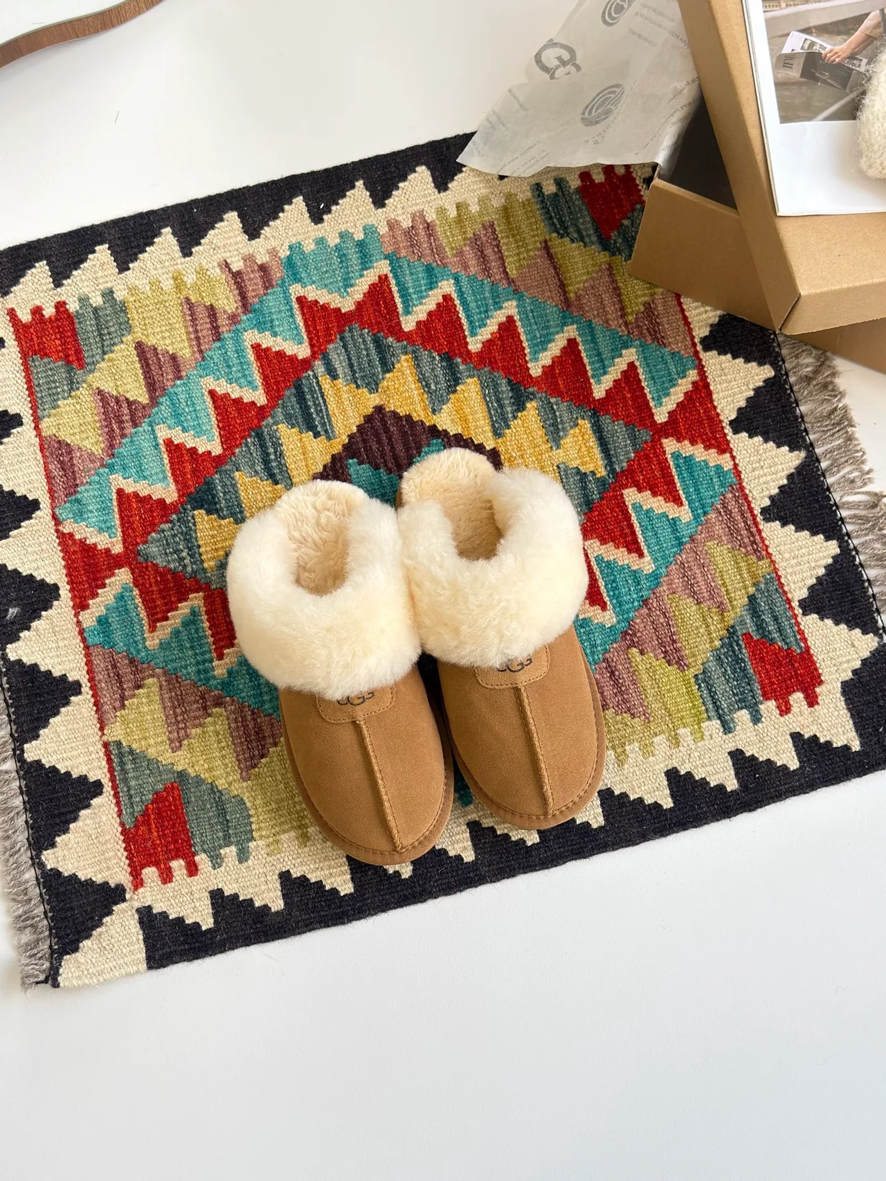 Round-Toe Plush-Cuff Flat Mules in Brown · view 2