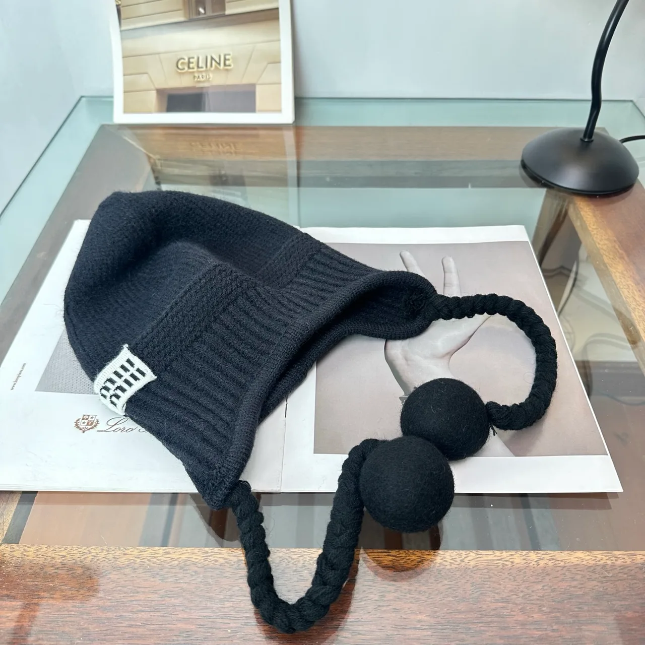 Miu Miu Ribbed Earflap Hat in Black · view 6