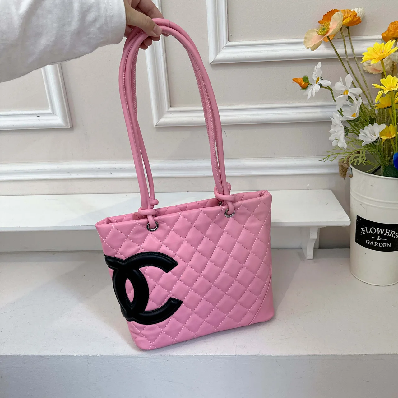 Chanel Quilted CC Tote in Black & White & Pink & Beige · view 3