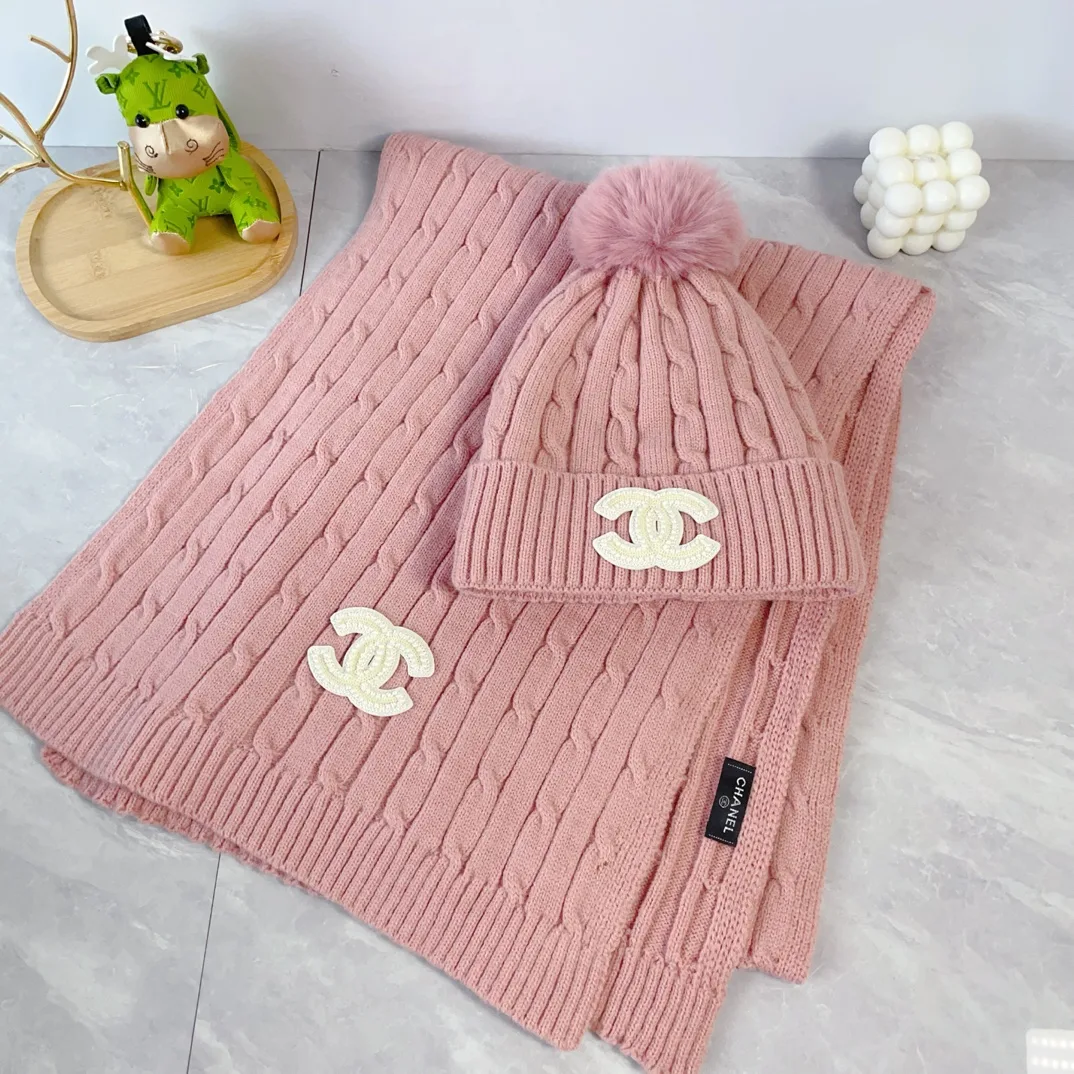 Chanel Wool Hat and Scarf Set in Pink · view 3