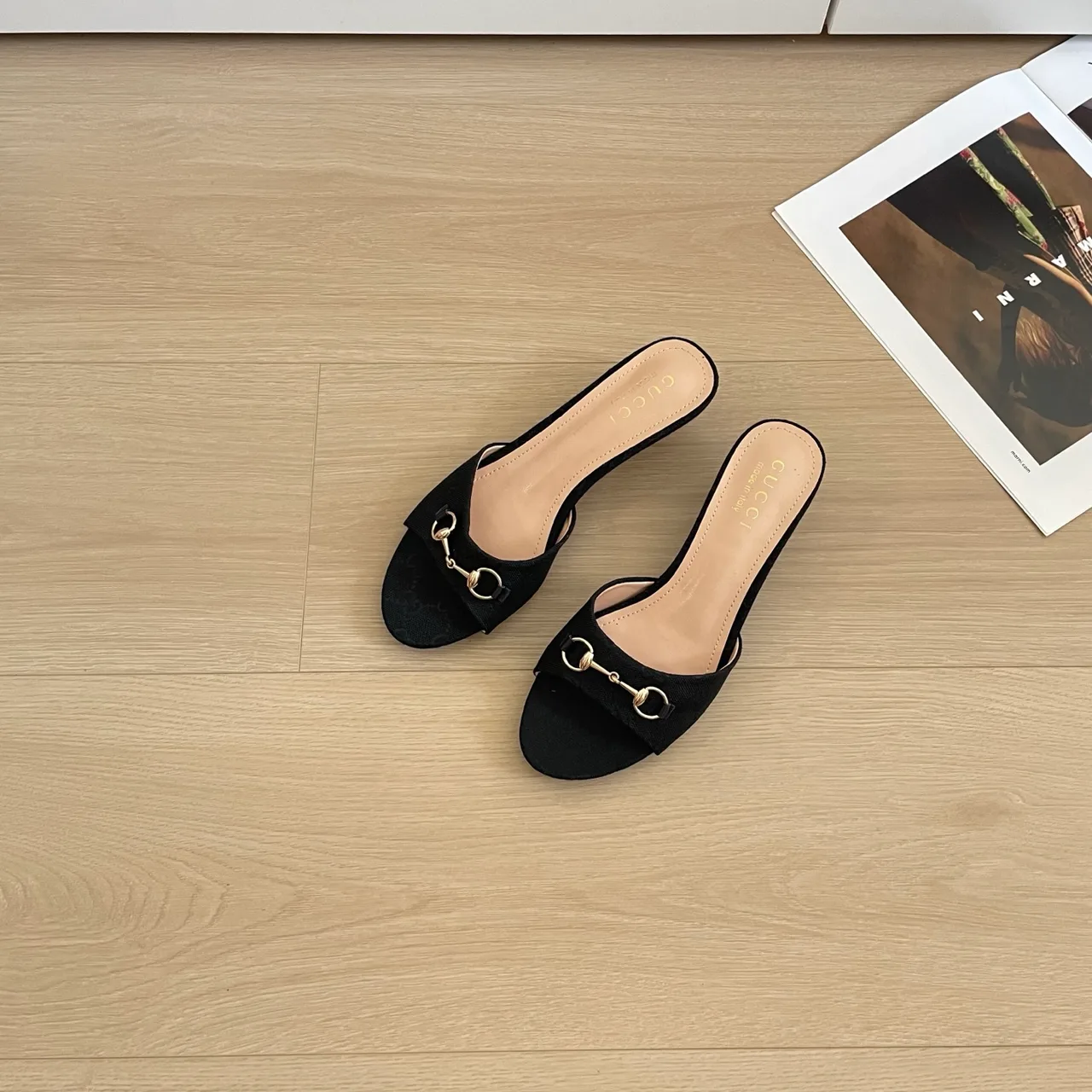 Gucci Canvas Glossy Suede-Look Square-Toe Buckle Mules in Black · view 2