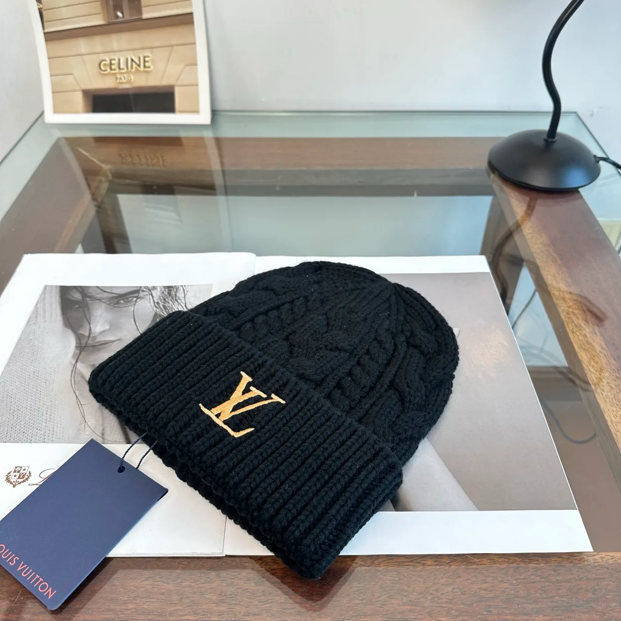Louis Vuitton Cable-Knit Beanie in Blue & Beige & White & Brown & Black · view 3