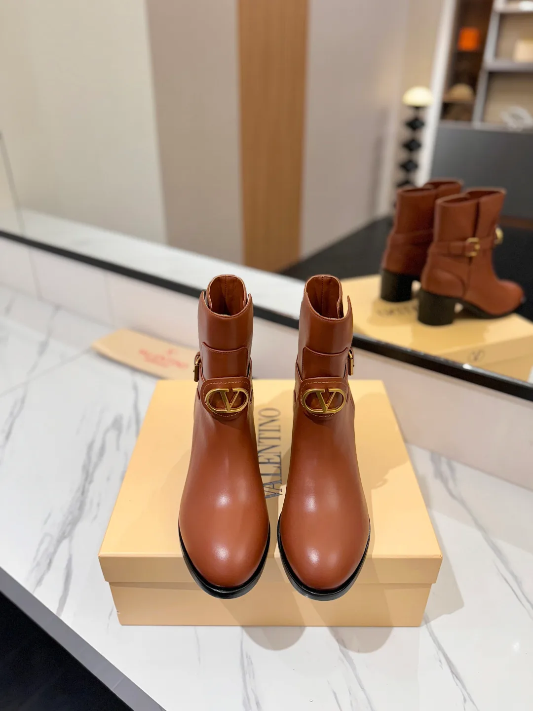 Valentino Calfskin Smooth Ankle Boots in Brown · view 3
