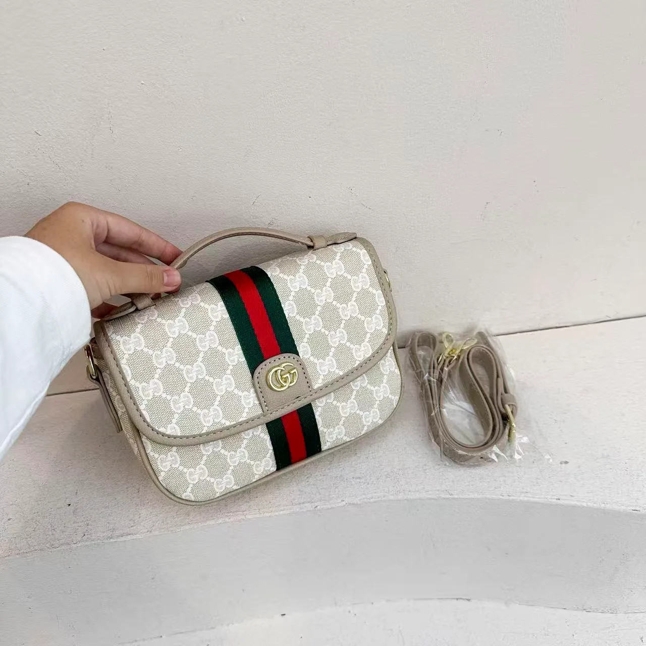 Gucci GG web-stripe camera bag in Grey & Cream & Black & Brown · view 2