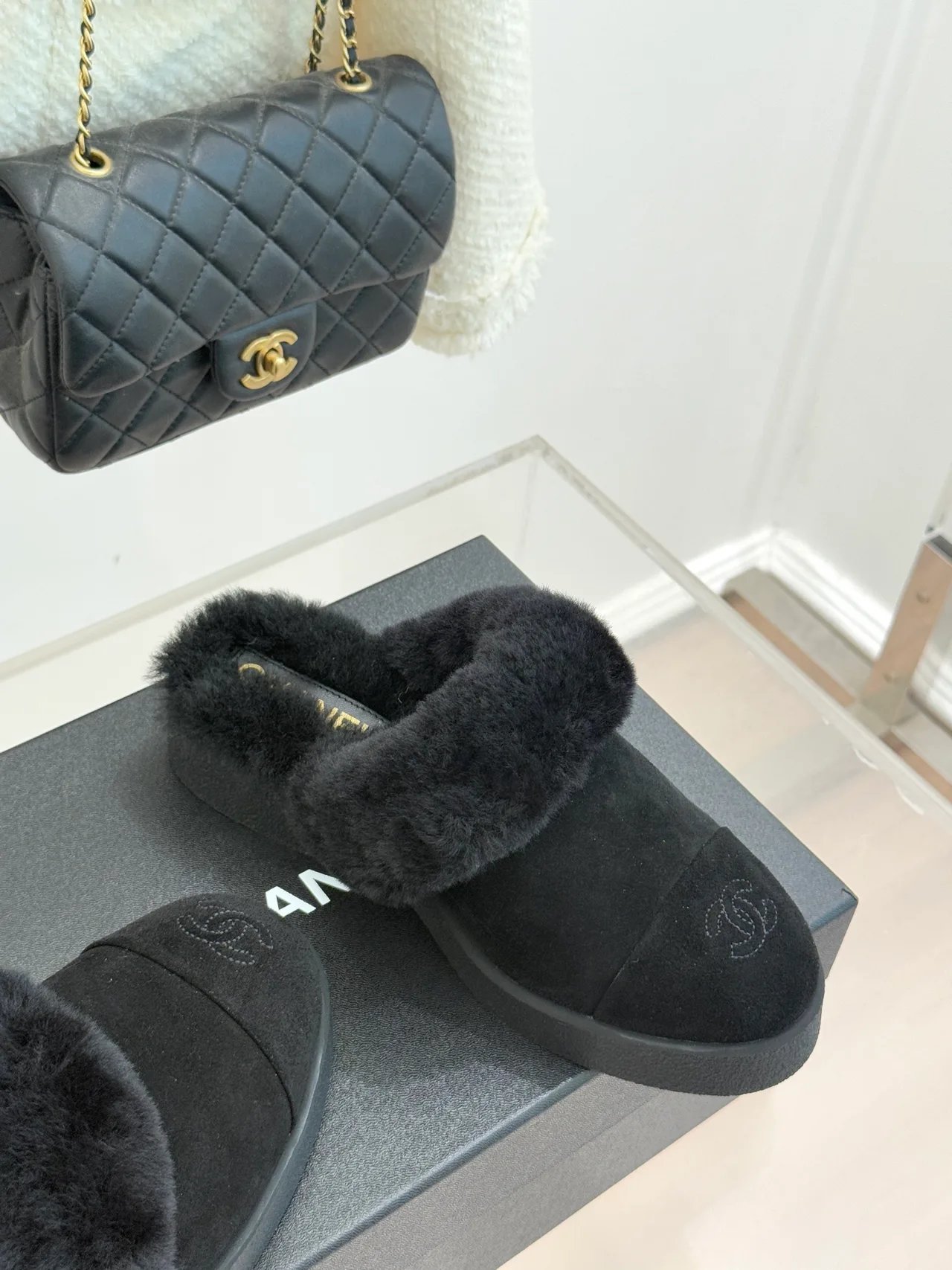 Chanel Glossy Suede-Look Slippers in Black · view 5