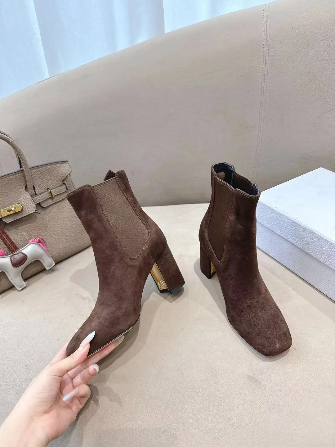Dior Suede-Look Square-Toe Ankle Boots in Brown · view 5