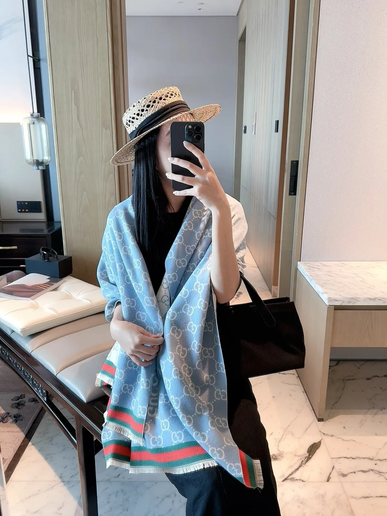 Gucci GG Web Shawl in Blue & Burgundy & Beige · view 4