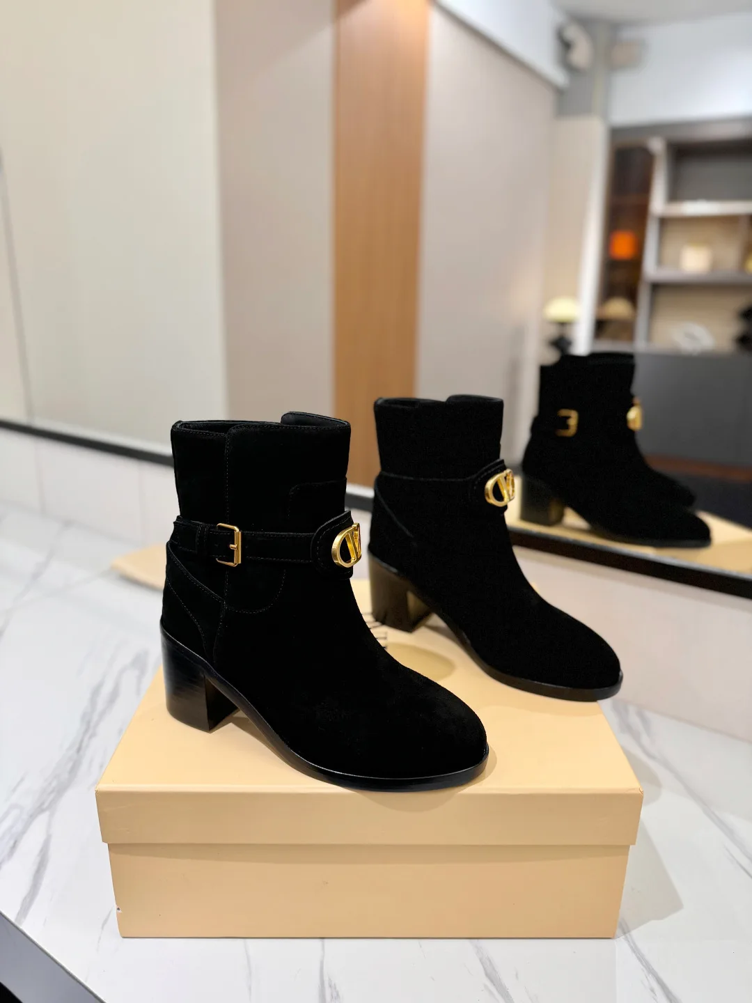Valentino Calfskin Suede-Look Round-Toe Ankle Boots in Black · view 1