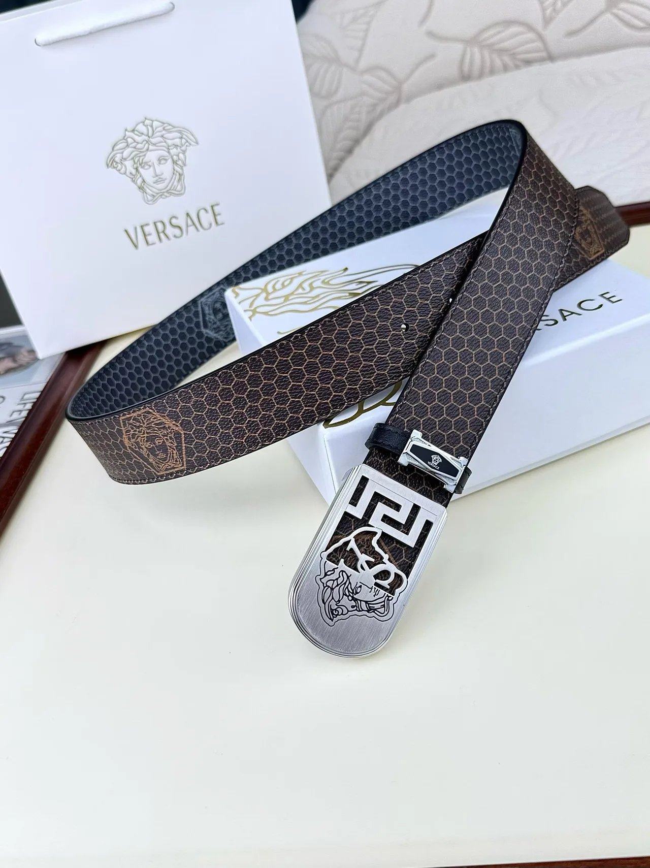 Versace Medusa Pattern Belt in Brown · view 3