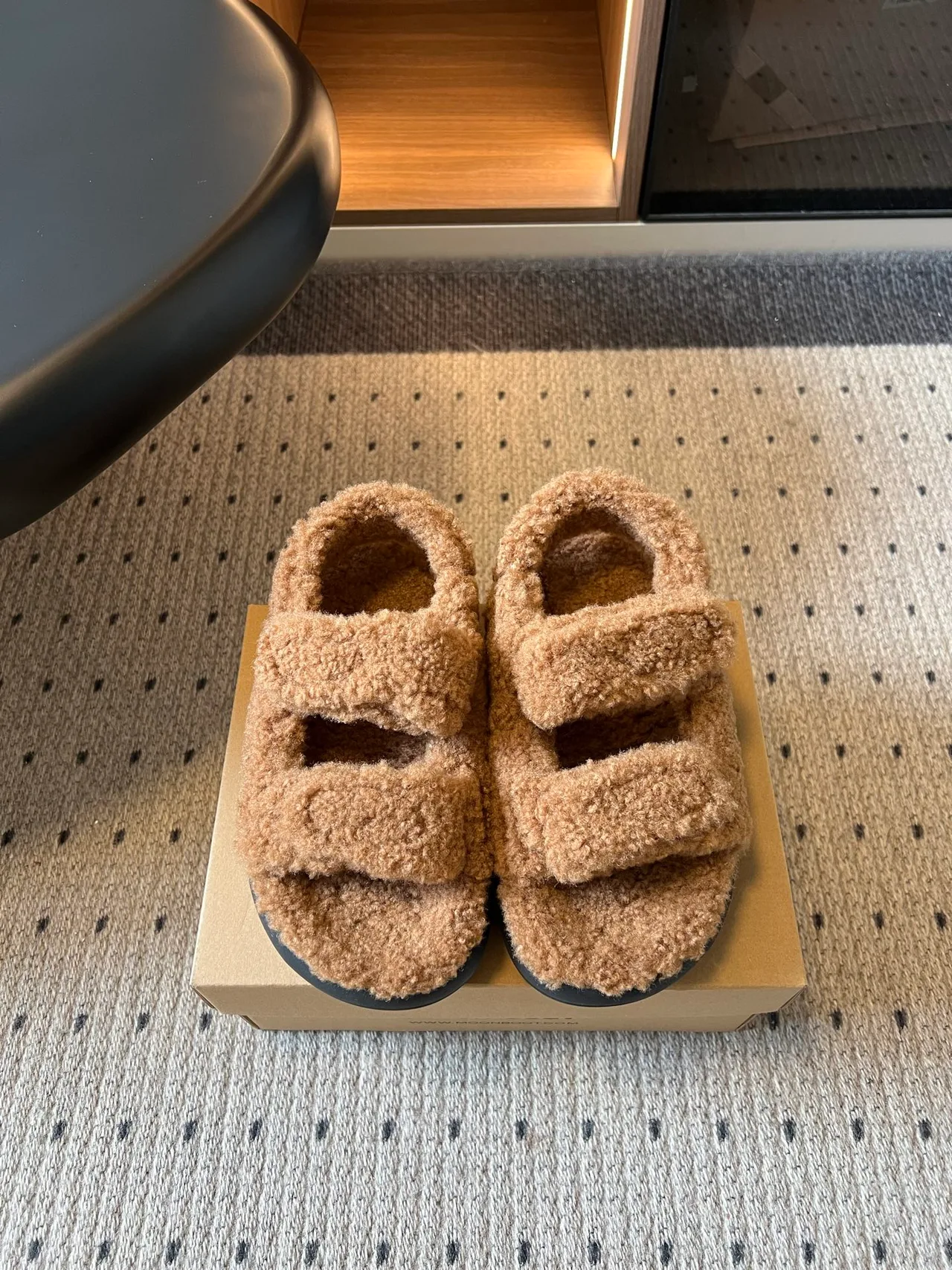 Moon Boot Smooth Fur Slides in Brown · view 2