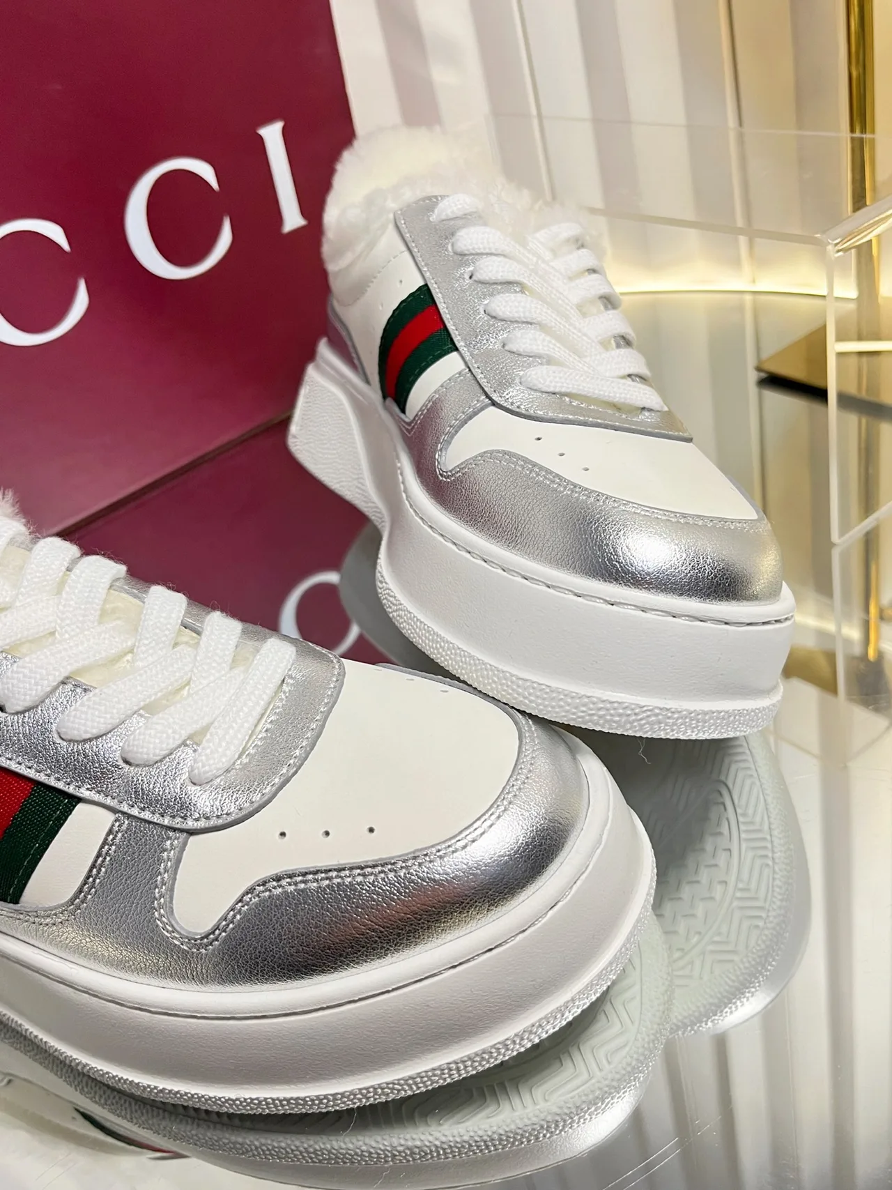 Gucci Wool Striped Lined Sneakers in White · view 7
