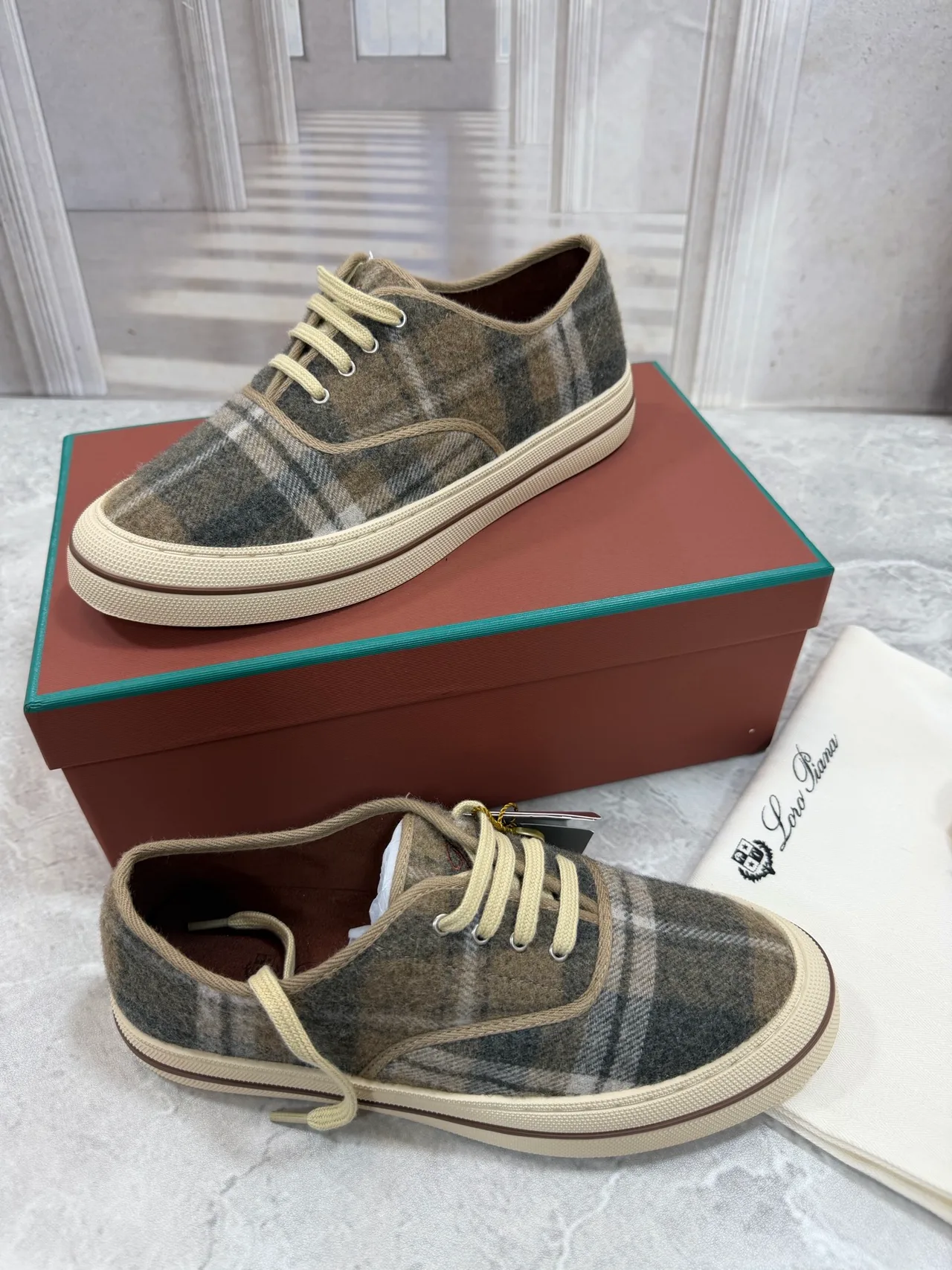 Loro Piana Check Wool-Effect Lace-Up Sneakers in Grey · view 4
