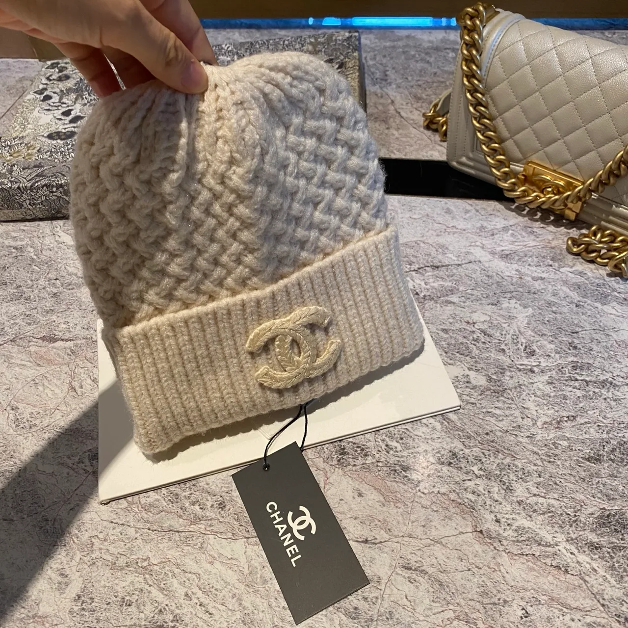 Chanel CC Knit Beanie in Black & White & Beige · view 4