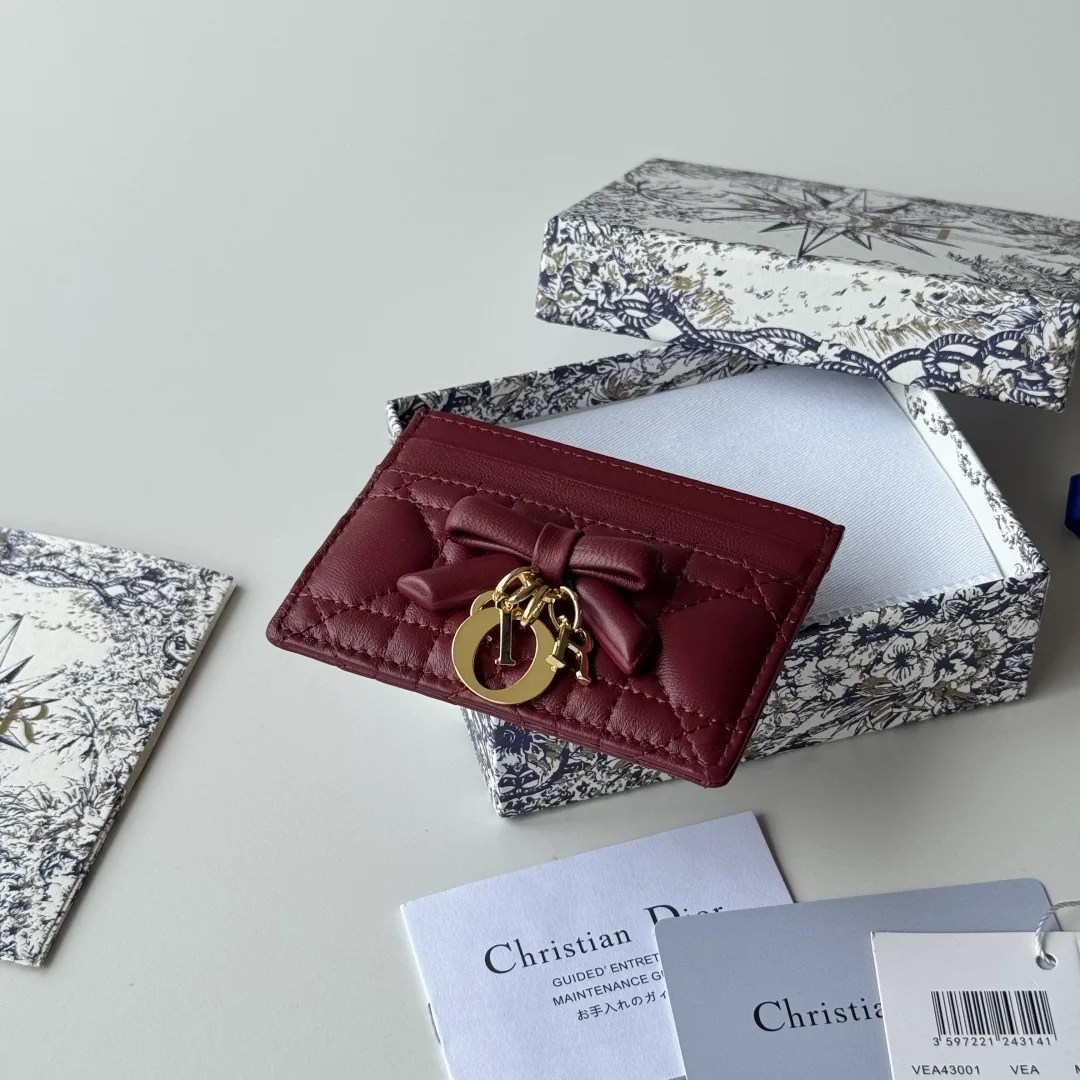 Dior Lambskin Quilted Bow Cardholder in Burgundy · view 4