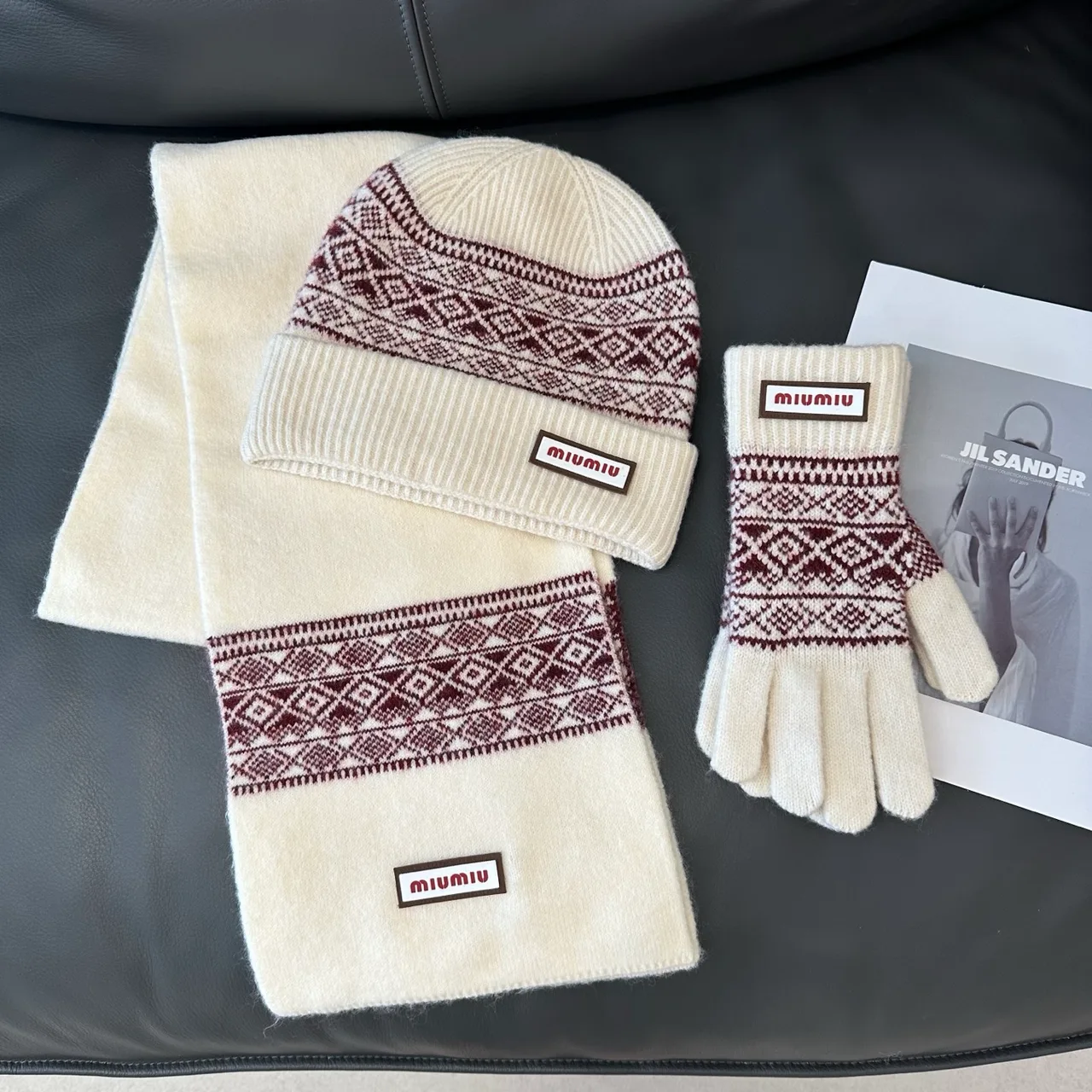 Miu Miu Hat Scarf and Gloves Set in Black & Beige & White · view 3