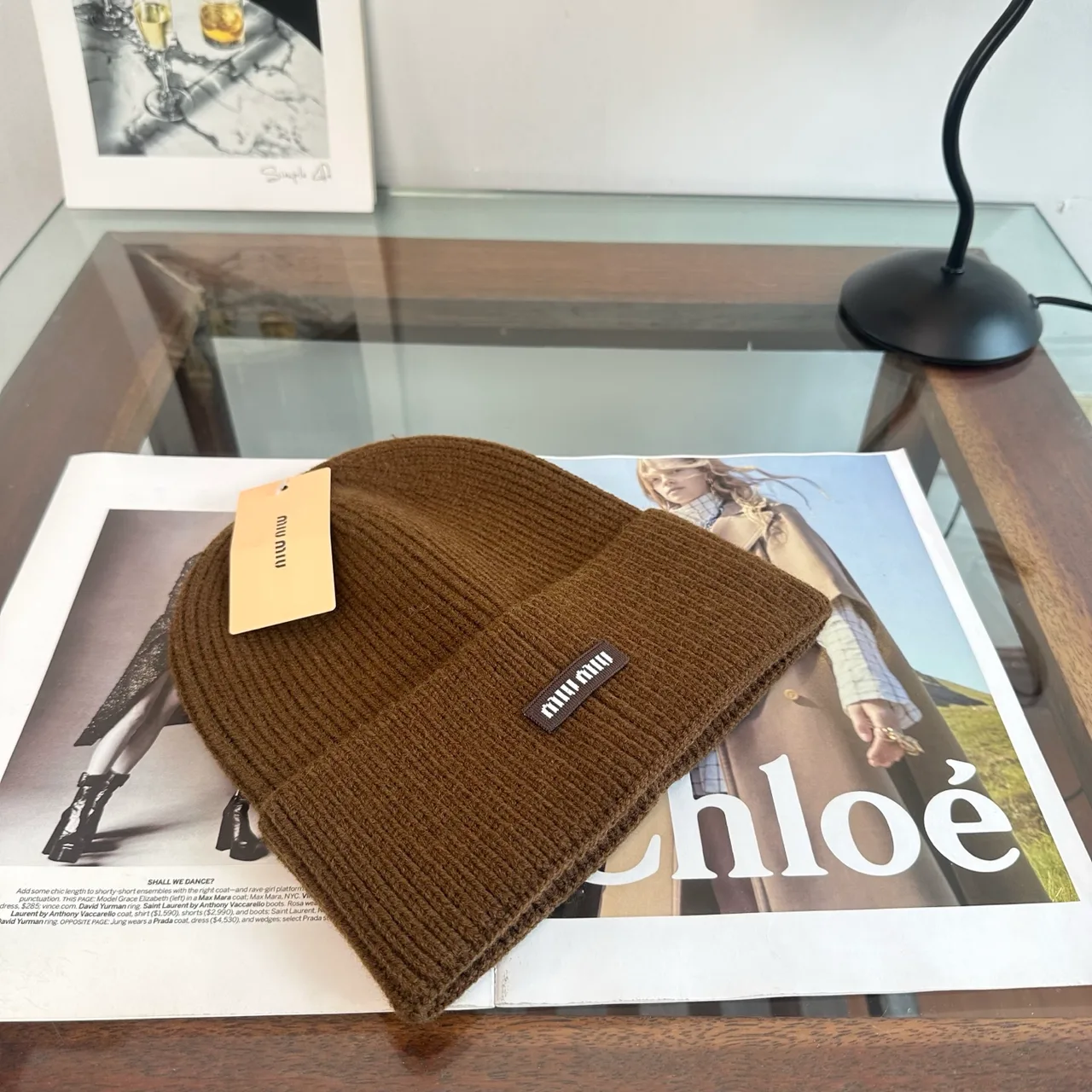 Miu Miu Ribbed Beanie in Brown · view 3