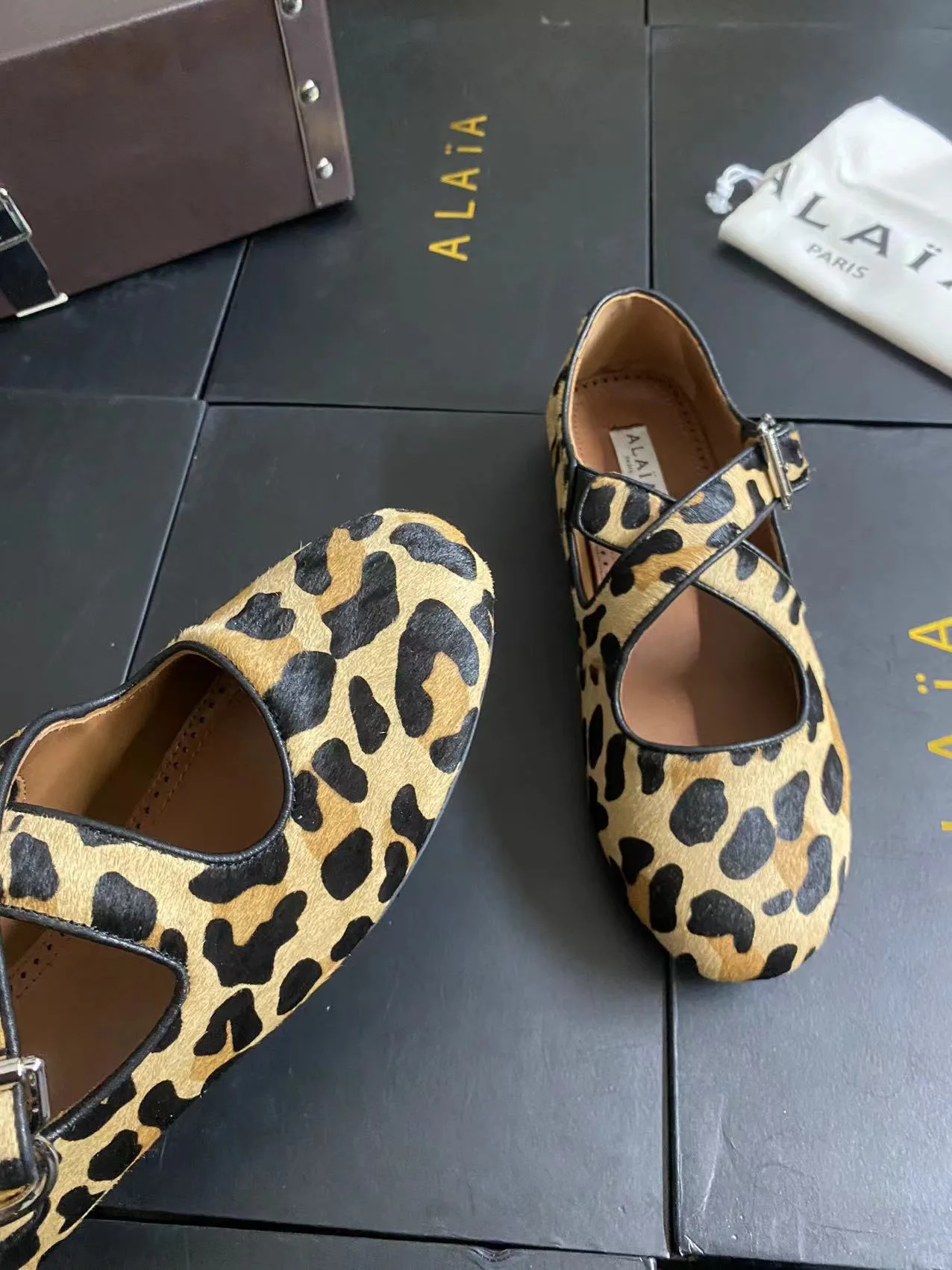 Alaia Cowhide Sheepskin Round-Toe Buckle Ballet Flats in Brown · view 8