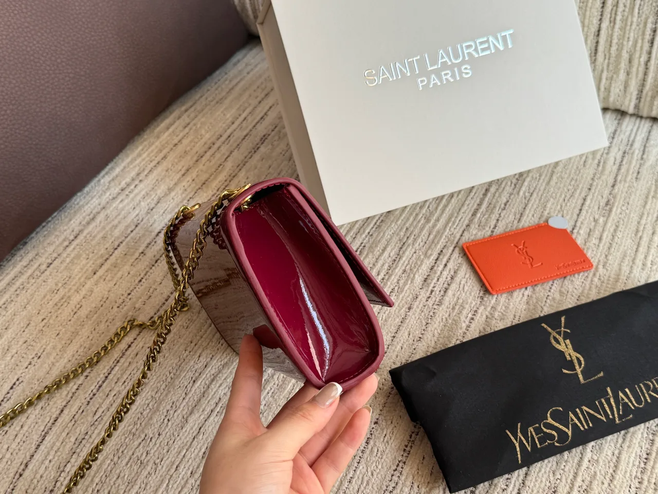 Saint Laurent Kate Glossy Chain-Strap Shoulder Bag in Burgundy · view 2