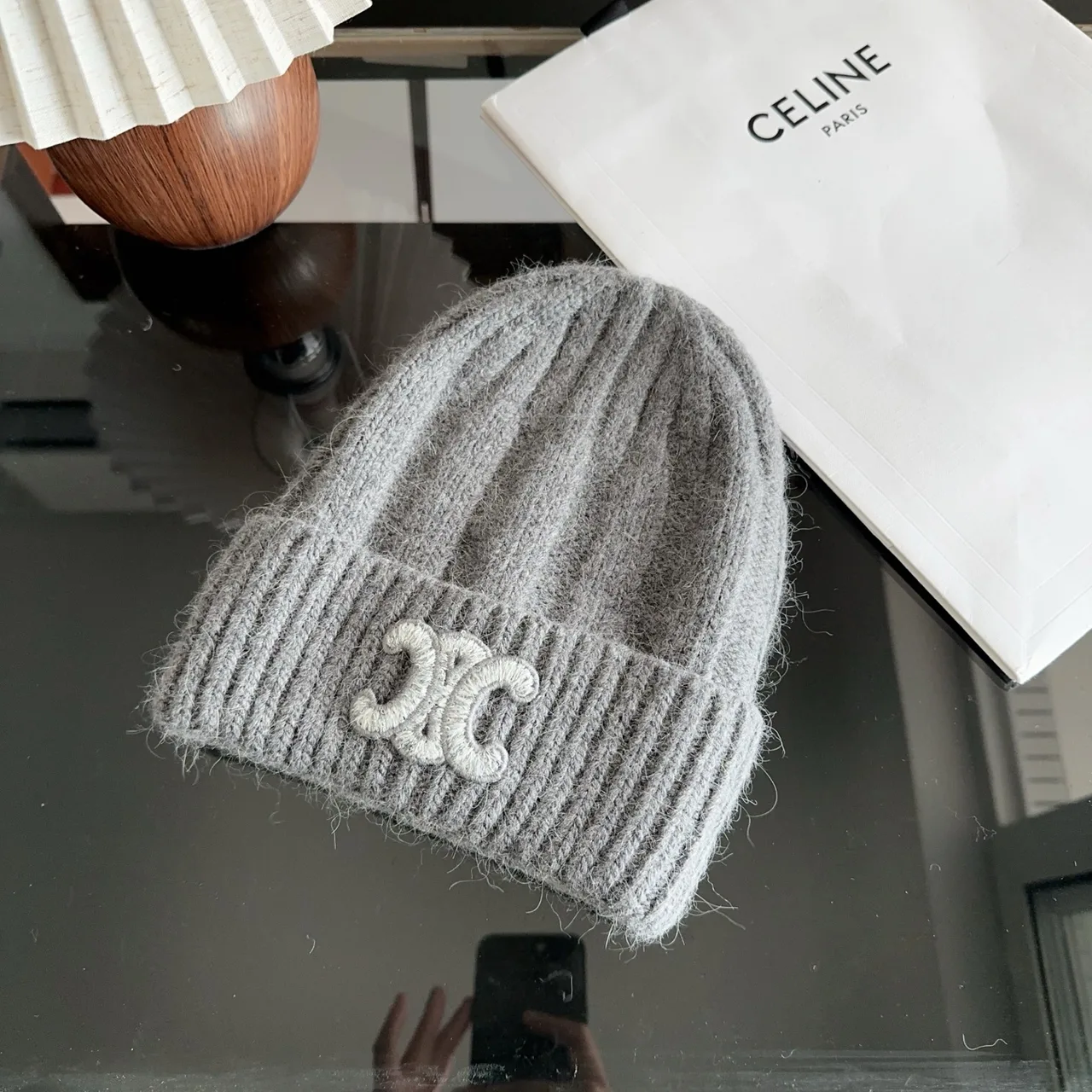 Celine Ribbed Embroidered Beanie in Grey · view 2