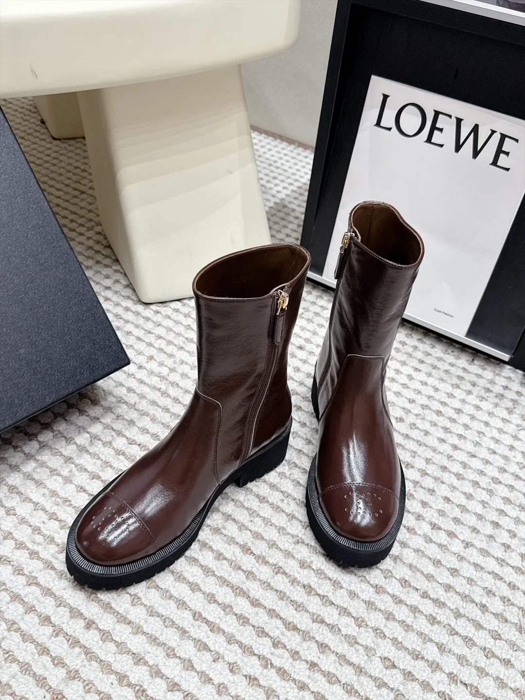 Loewe Cowhide Glossy Round-Toe Ankle Boots in Brown · view 4