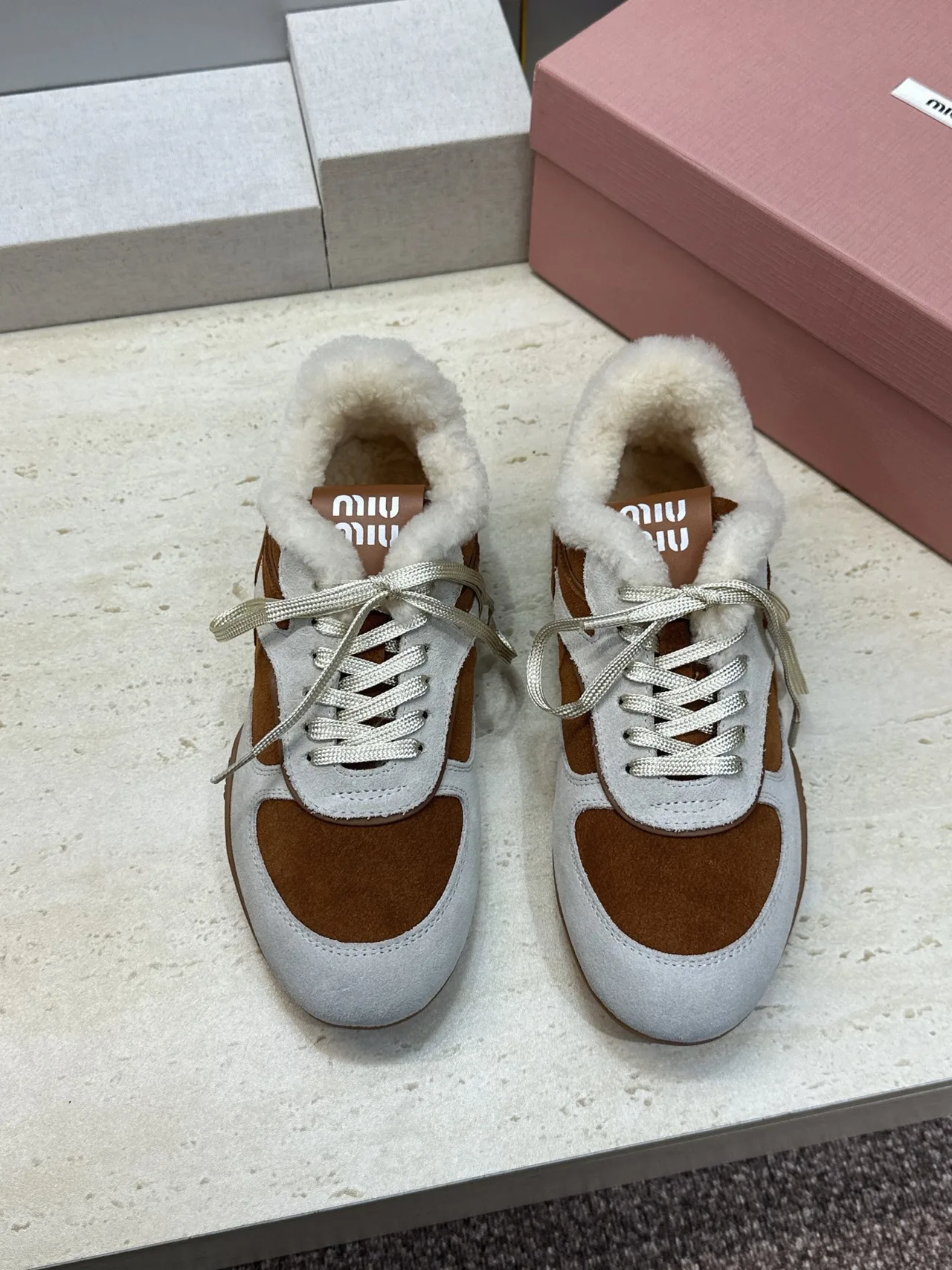 Miu Miu Striped Suede-Look Round-Toe Sneakers in Brown · view 2