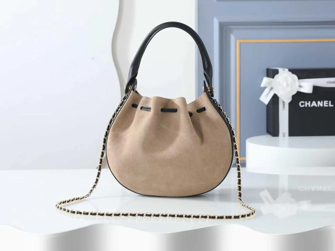 Chanel Drawstring Bucket Bag in Beige · view 3