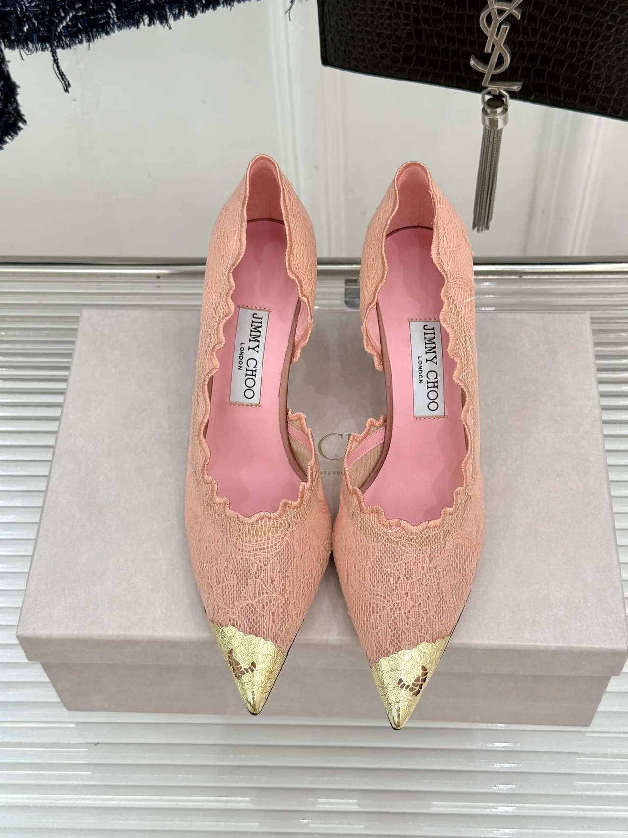 Jimmy Choo Pointed-Toe Lace Heel Pumps in Pink · view 1