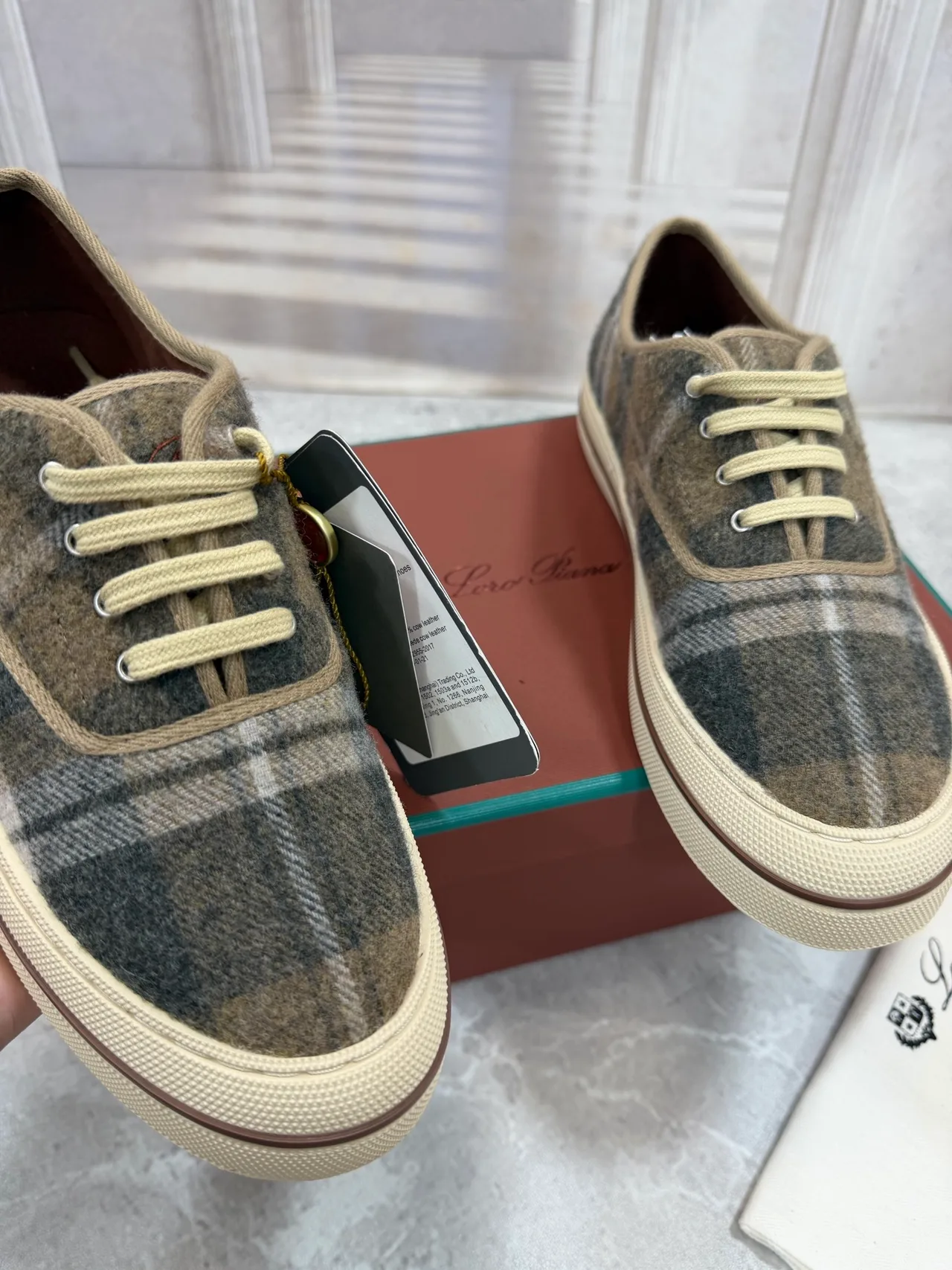 Loro Piana Check Wool-Effect Lace-Up Sneakers in Grey · view 3