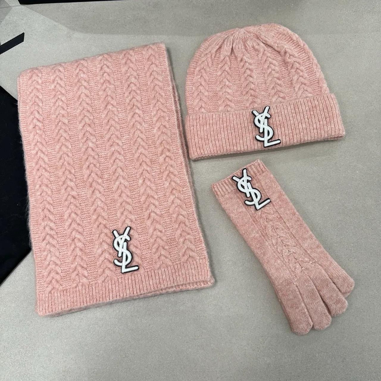 Saint Laurent Hat Scarf and Gloves Set in Black & Grey & Beige & White & Pink & Burgundy · view 5
